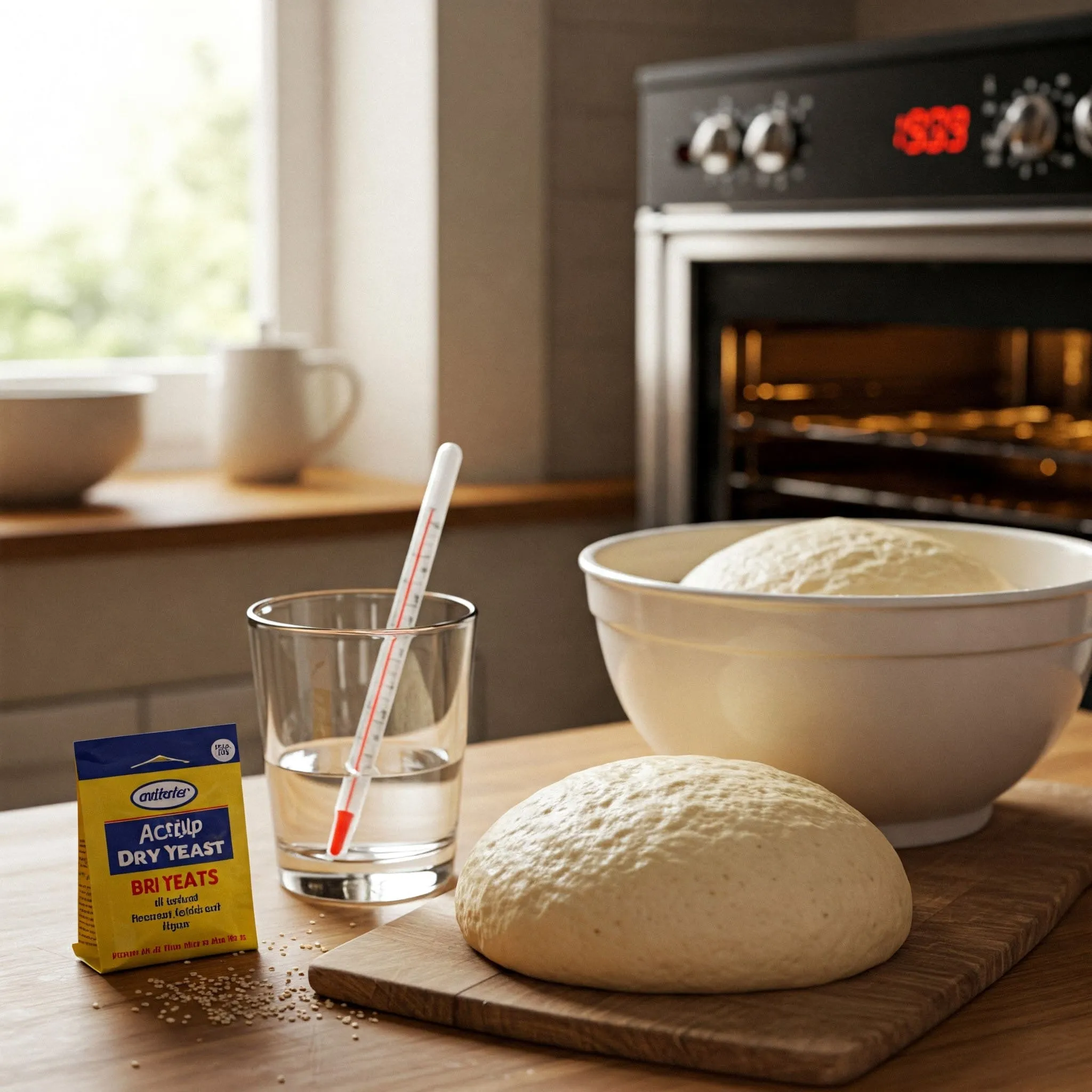 Wooden kitchen counter with yeast, thermometer, dough rising in a bowl, and oven with temperature dial, symbolizing key bread-baking steps.