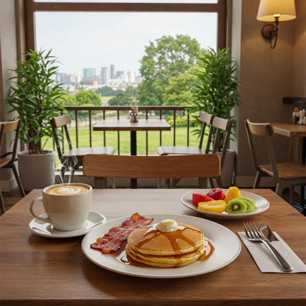 Cozy cafe breakfast with coffee, pancakes, bacon, and fresh fruit, overlooking a scenic view.