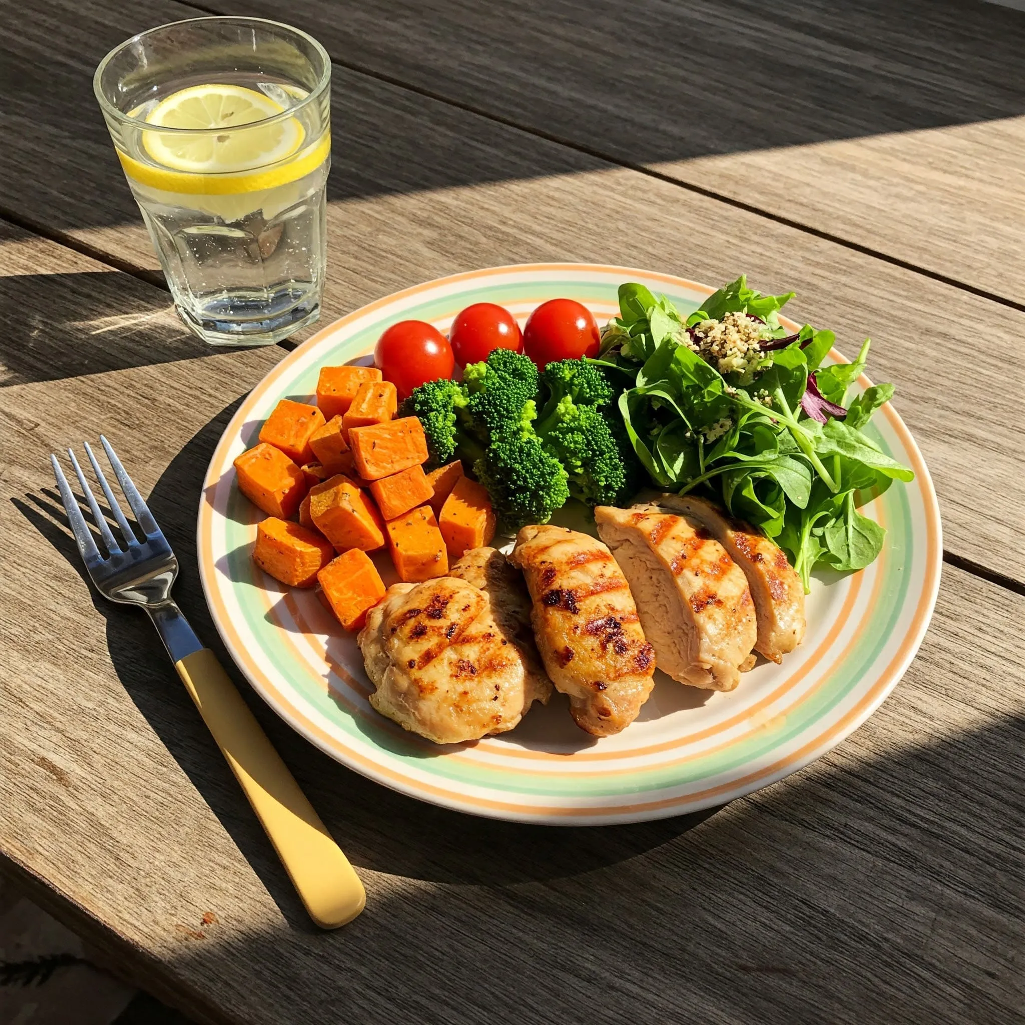 Grilled chicken with roasted vegetables and fresh salad.