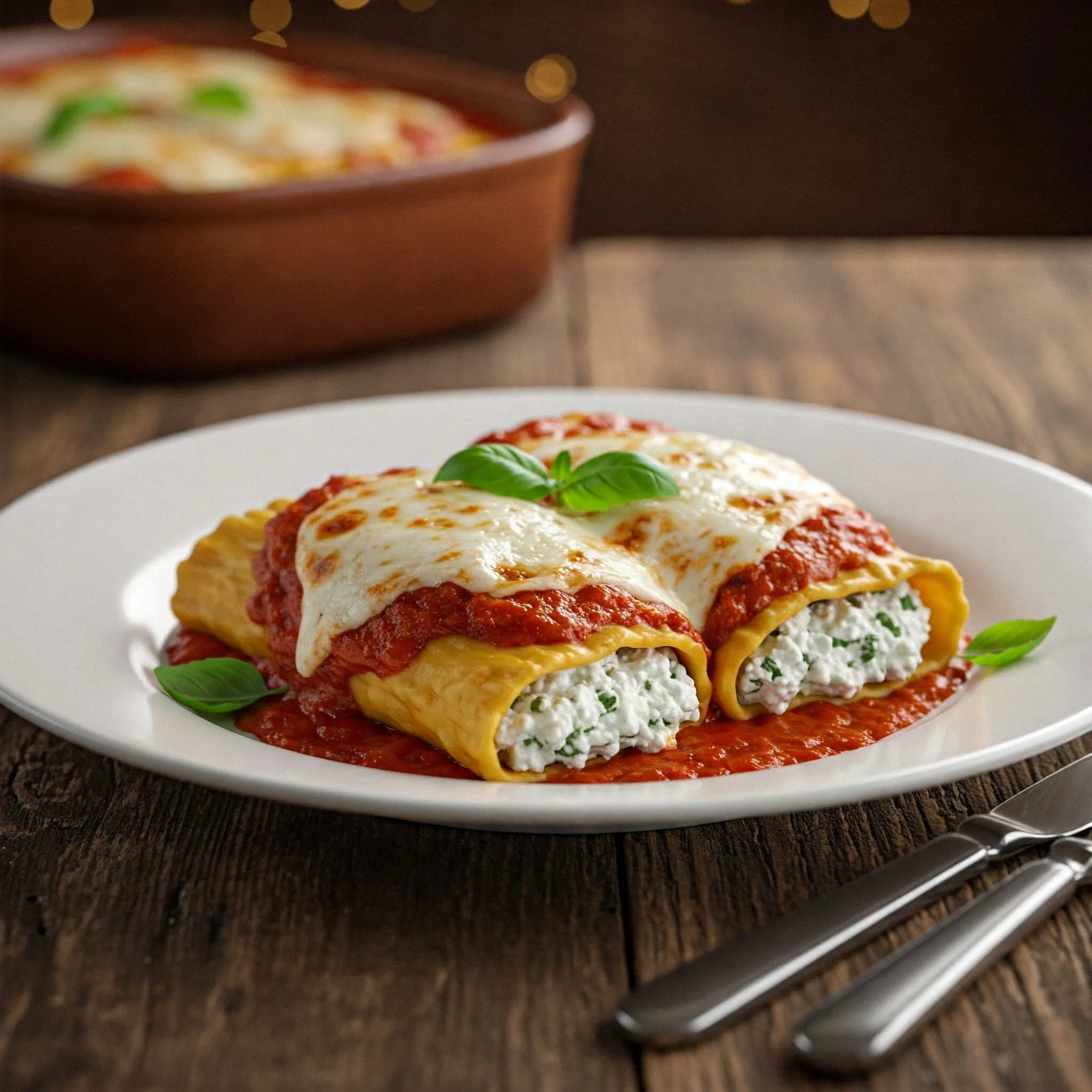 A plate of manicotti stuffed with ricotta cheese, covered in marinara sauce, and garnished with fresh basil, served on a rustic wooden table.