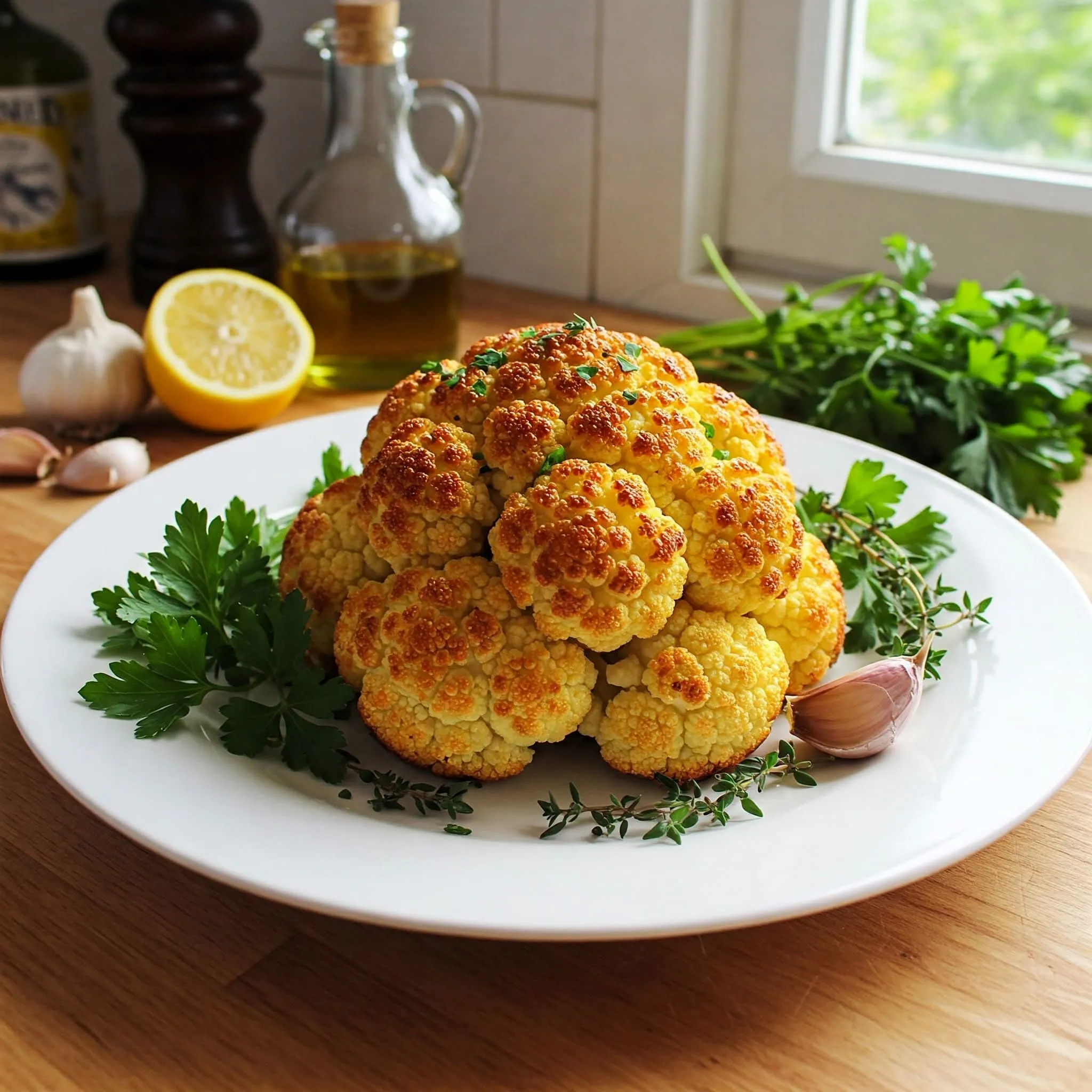 Golden-brown roasted cauliflower with crispy edges, surrounded by fresh herbs, lemon, and garlic, symbolizing its health benefits and versatility.

