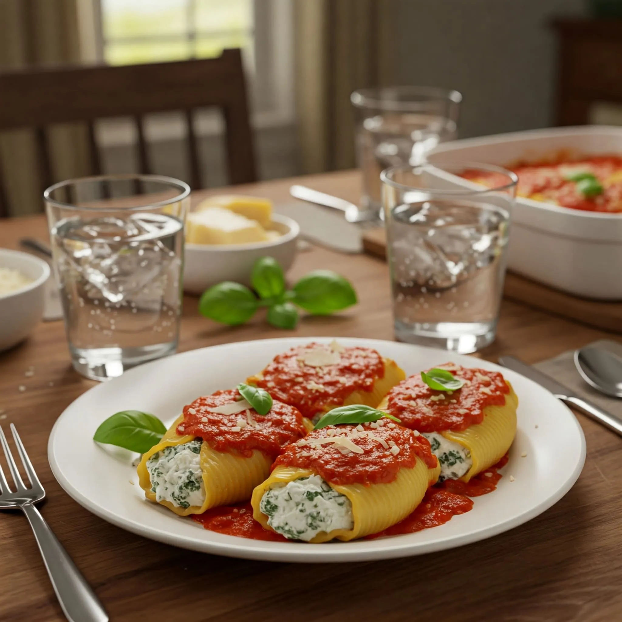 Family-friendly plate of manicotti filled with ricotta and mozzarella cheese, topped with marinara sauce and garnished with basil.