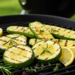 Grilled zucchini slices with golden grill marks, garnished with fresh herbs and lemon slices.