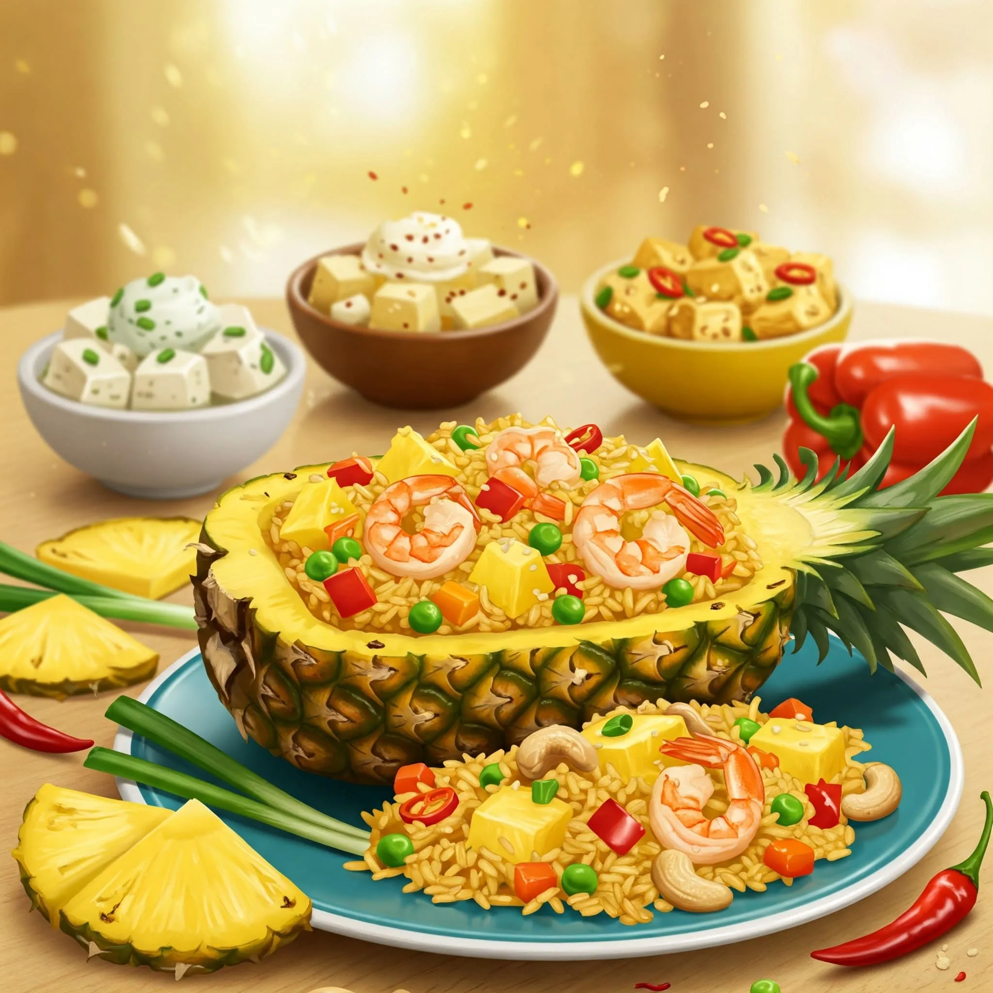 A vibrant plate of pineapple fried rice served in a hollowed-out pineapple boat, garnished with shrimp, vegetables, cashews, and red chili slices.