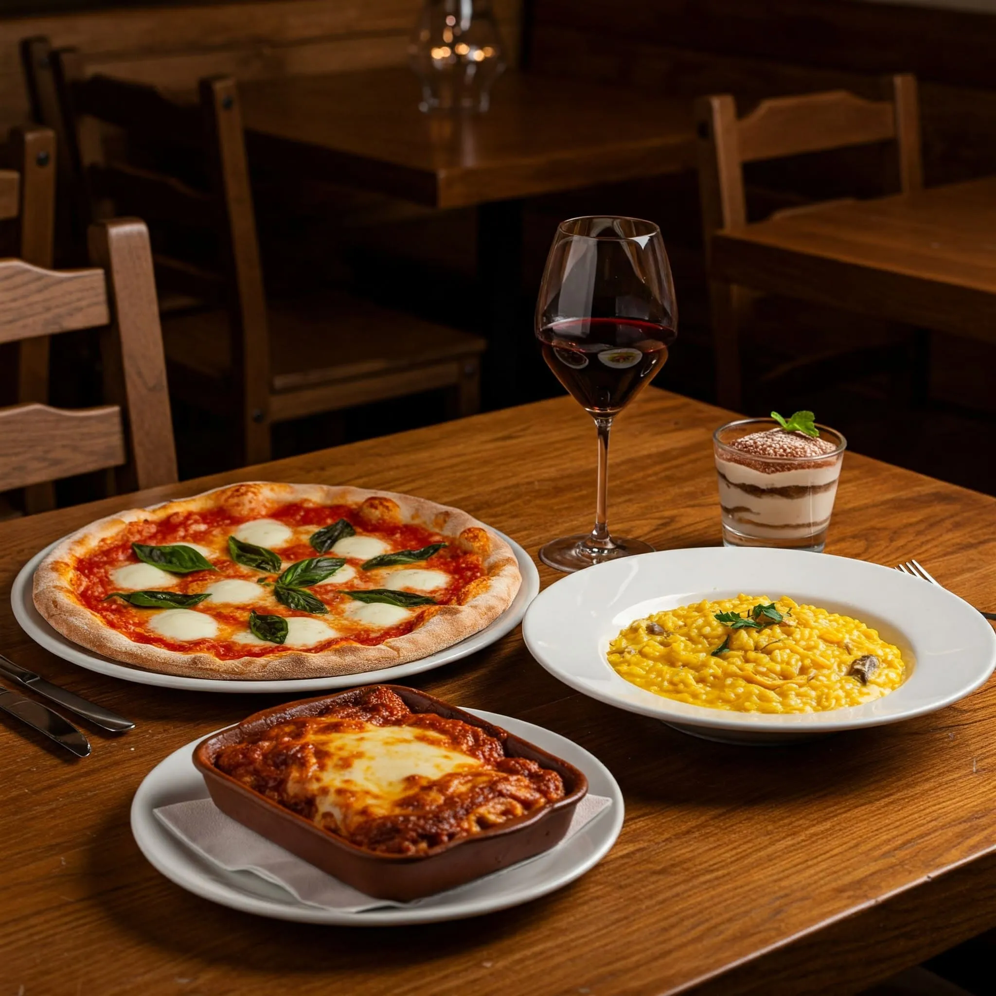 Authentic Italian dishes including pizza, pasta, risotto, lasagna, and tiramisu on a rustic dining table in an Italian restaurant.