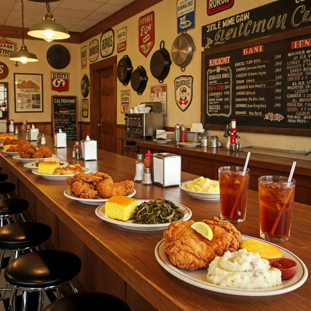 Southern diner with fried chicken, cornbread, collard greens, and sweet iced tea on a rustic wooden counter.