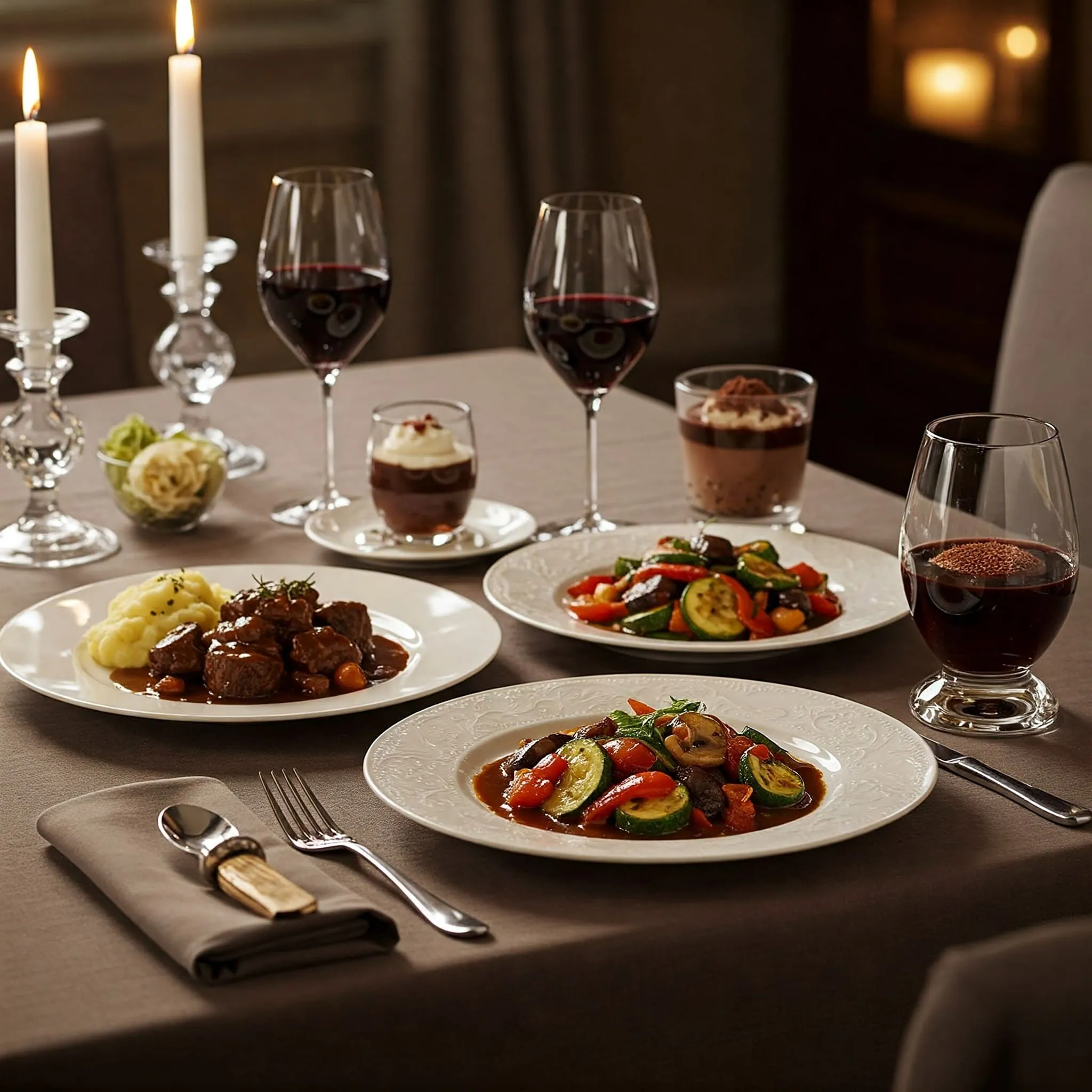 Romantic French-inspired dinner for two featuring Beef Bourguignon, Ratatouille, and Chocolate Mousse, elegantly presented with candlelight.