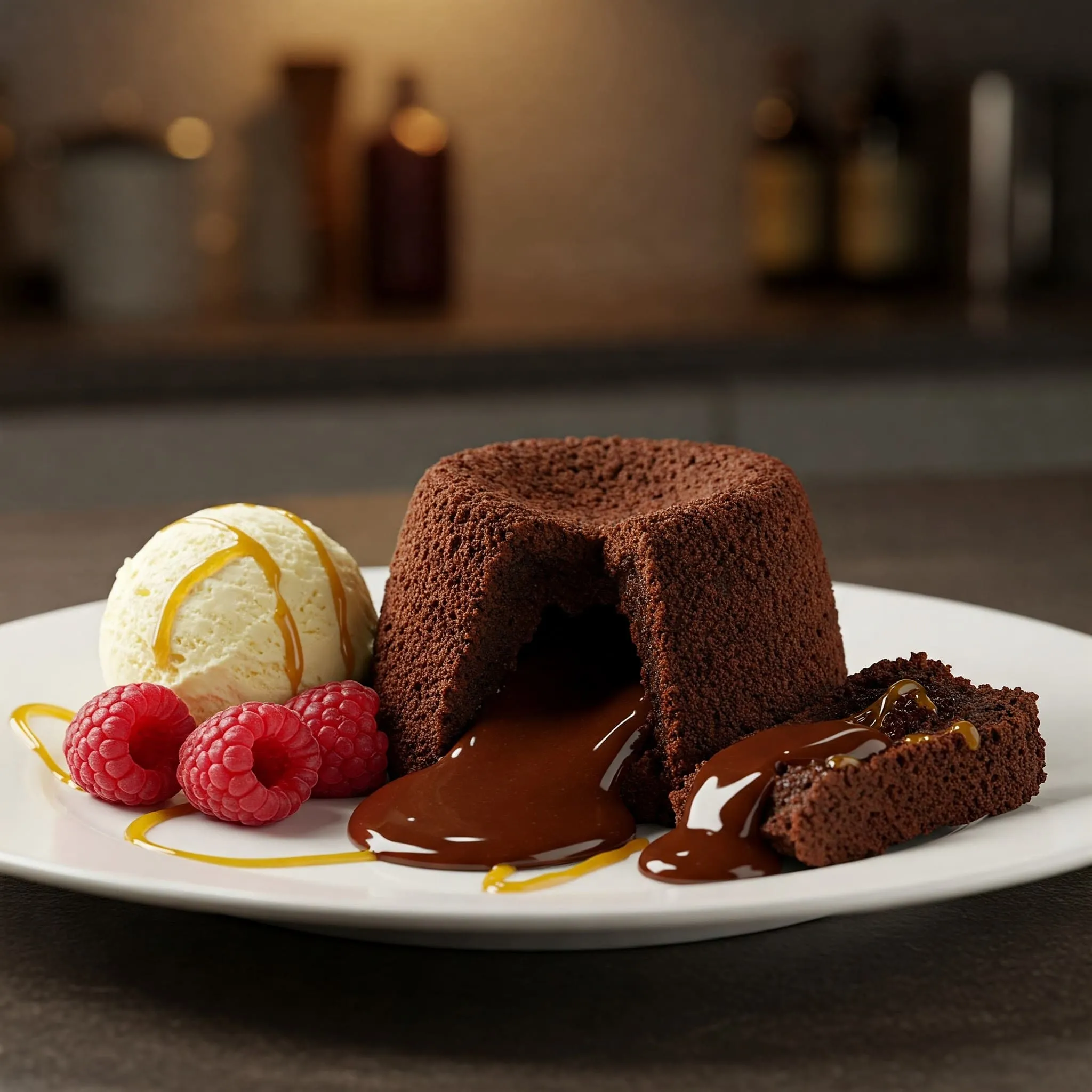 Perfect Lava Cake with Molten Chocolate Center and Ice Cream Lava cake with molten chocolate center, topped with vanilla ice cream, fresh raspberries, and caramel drizzle.