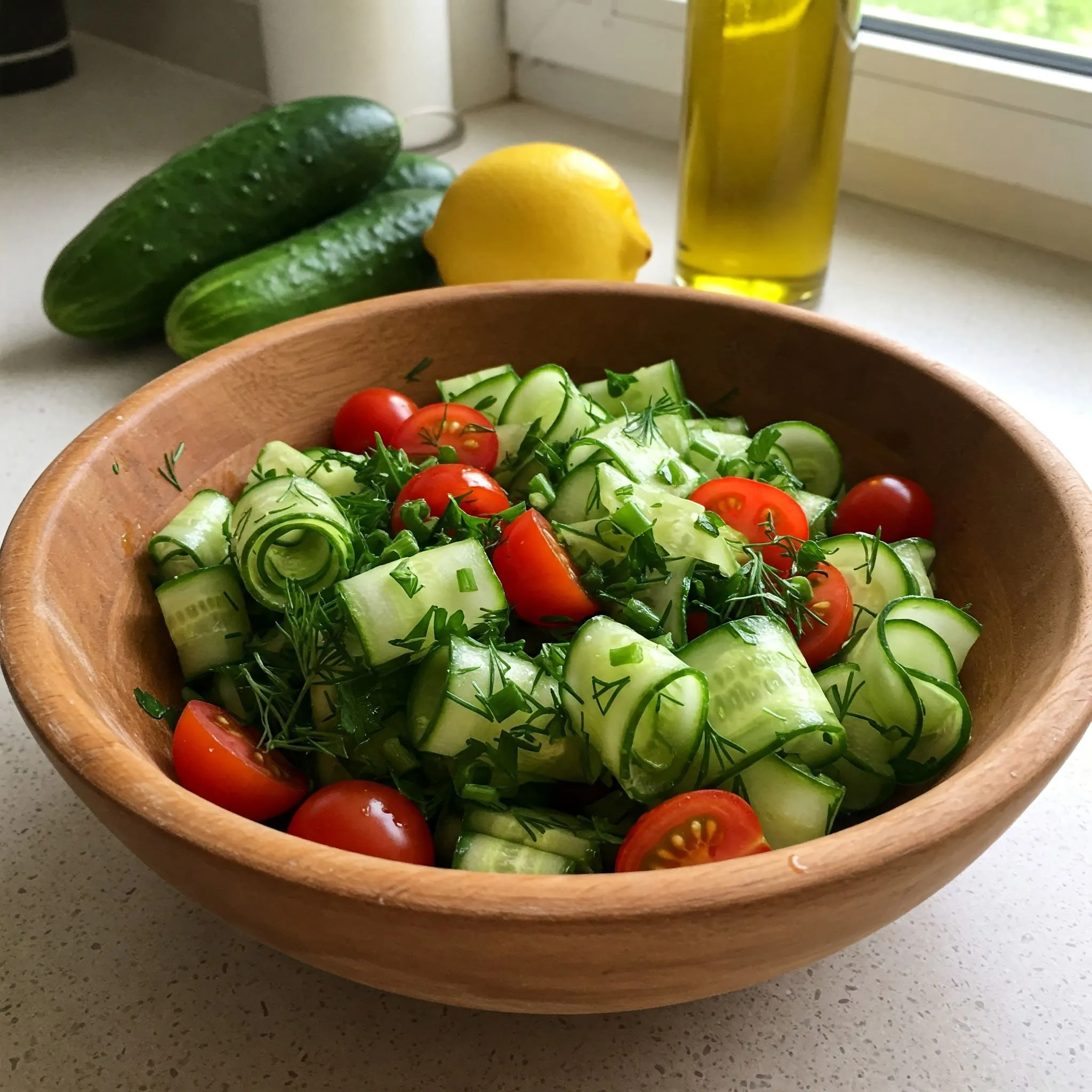 Fresh cucumber salad with tomatoes, herbs, and light dressing in a rustic bowl on a kitchen counter.