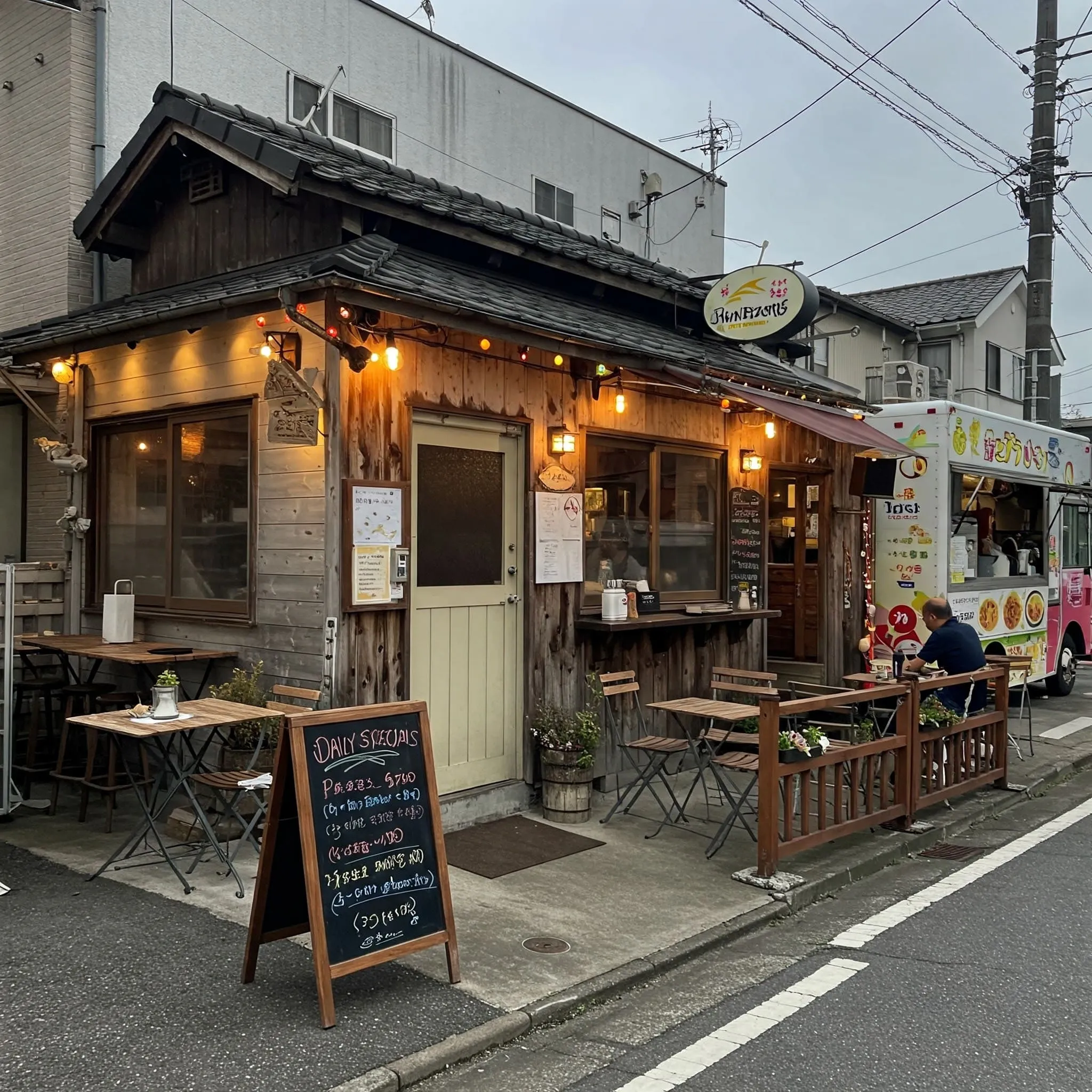 Hidden Gem Local Eatery with Cozy Outdoor Dining dinner close to me Hidden gem local eatery with outdoor seating and a food truck, located in a quiet neighborhood.