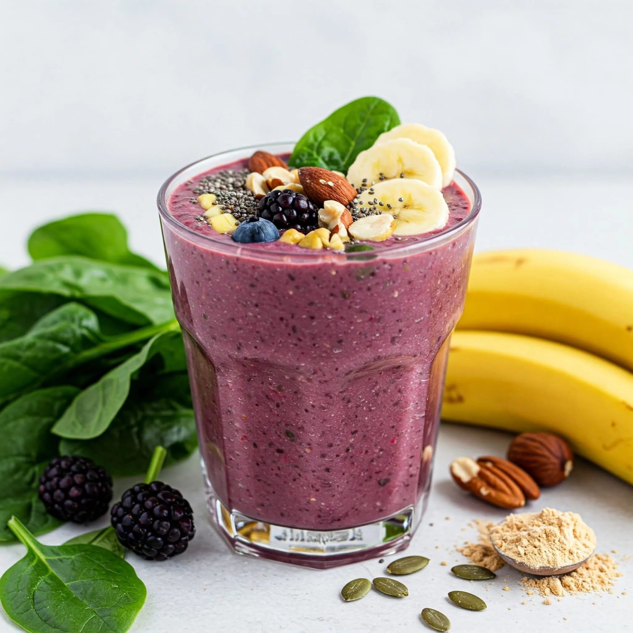 A vibrant and refreshing healthy smoothie made with fresh fruits, spinach, chia seeds, and nuts, placed on a light, natural background.