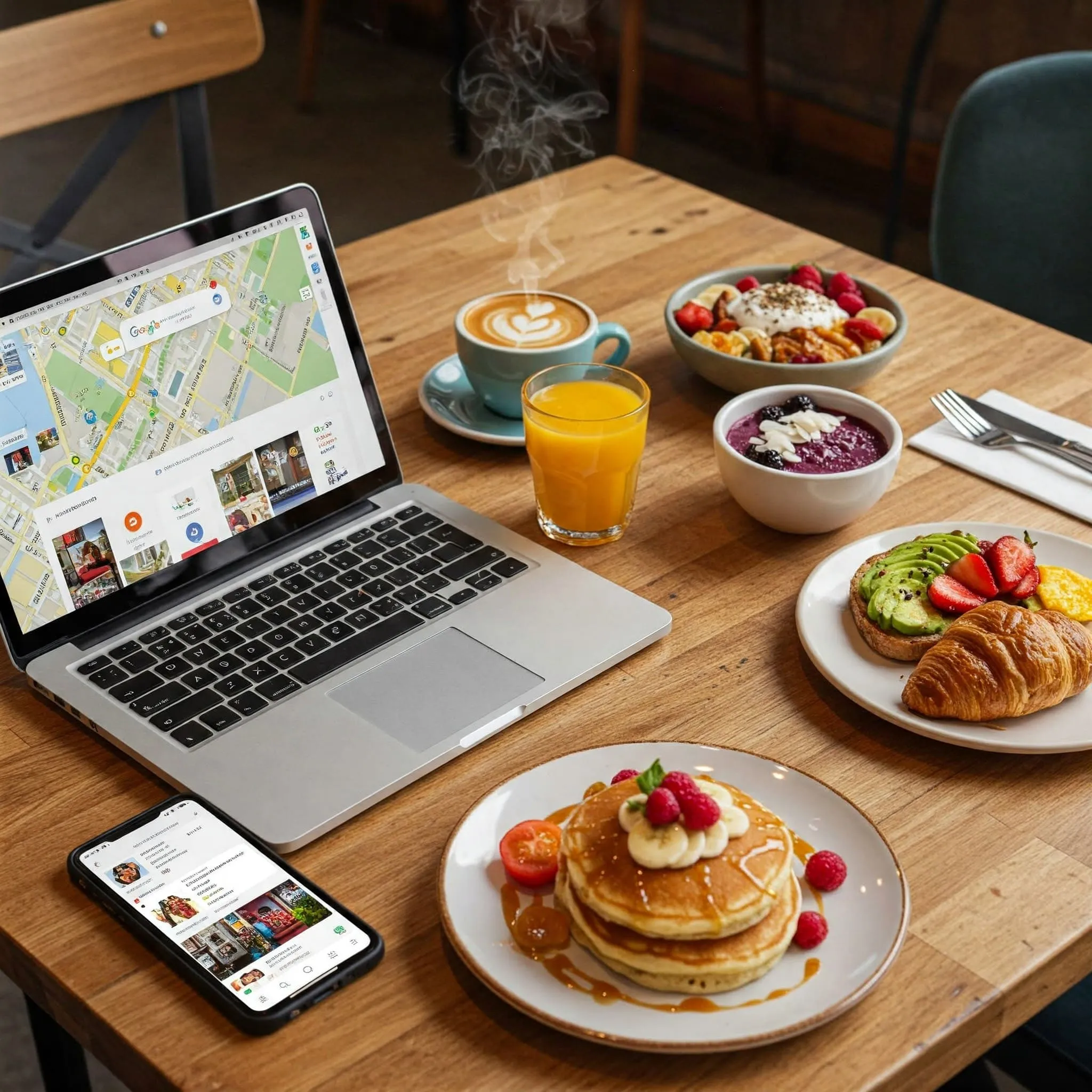 A cozy breakfast scene with a variety of dishes and devices showing Google Maps, Yelp, Instagram, and food blogs, highlighting nearby breakfast spots and reviews.

