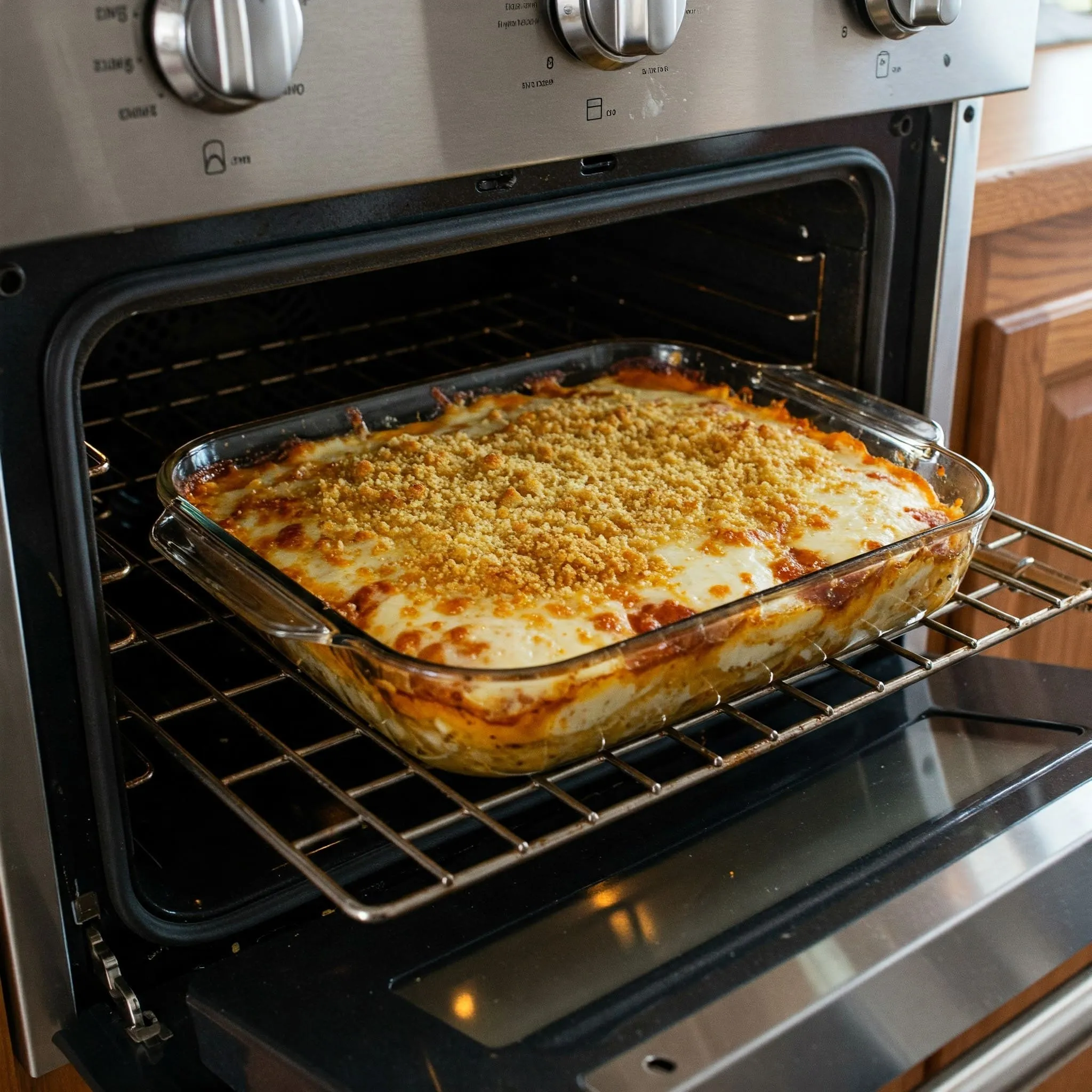 Golden-brown Chicken Parmesan Casserole baking in the oven with melted cheese and crispy breadcrumbs.