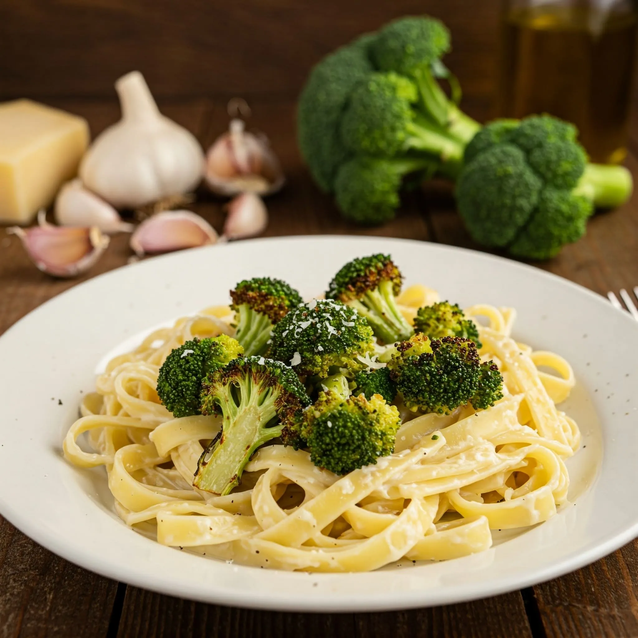 Creamy Roasted Broccoli Alfredo with fettuccine pasta, caramelized broccoli, and parmesan garnish.