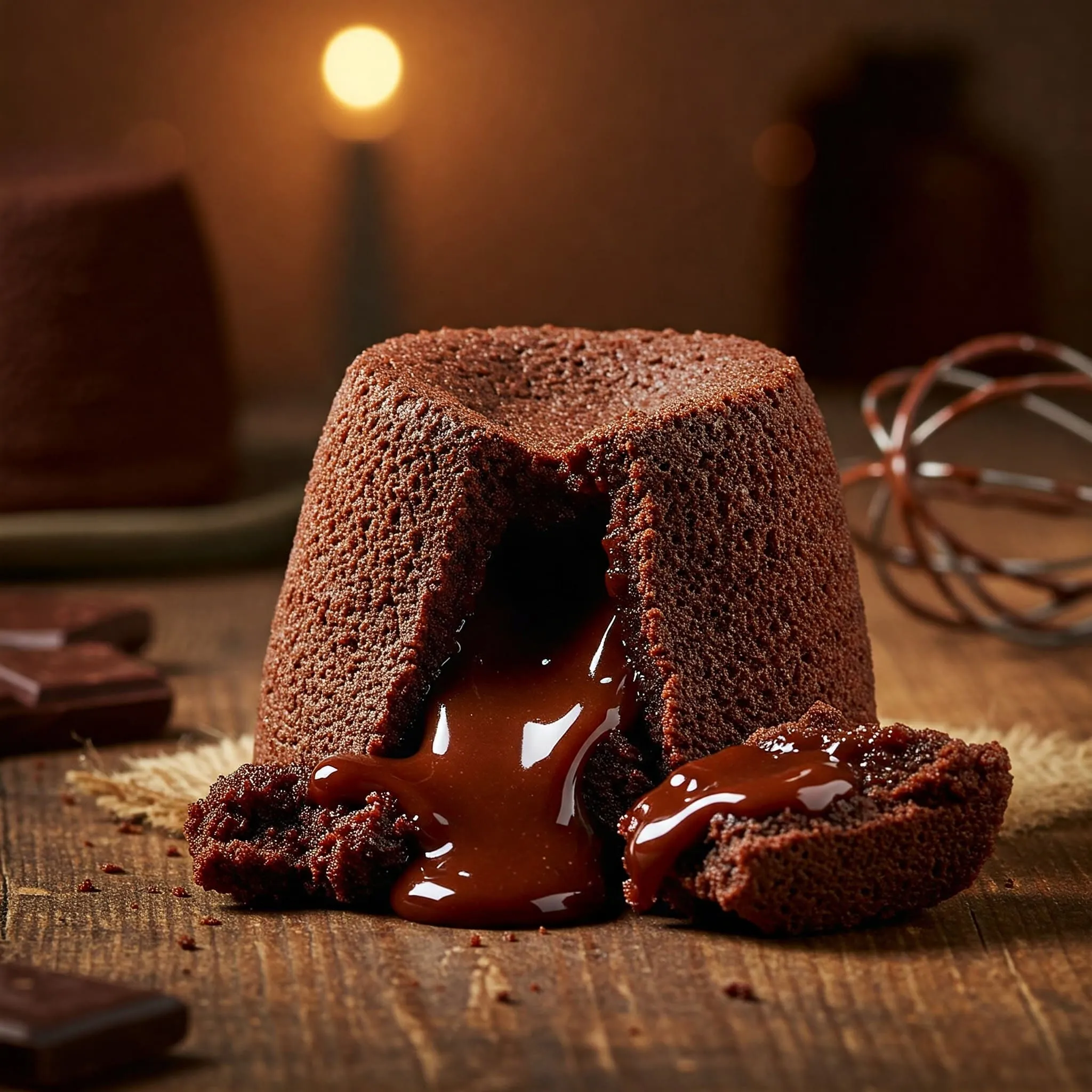 Perfect Lava Cake with Molten Center Freshly baked lava cake with molten chocolate oozing out, set on a rustic wooden table surrounded by baking tools.