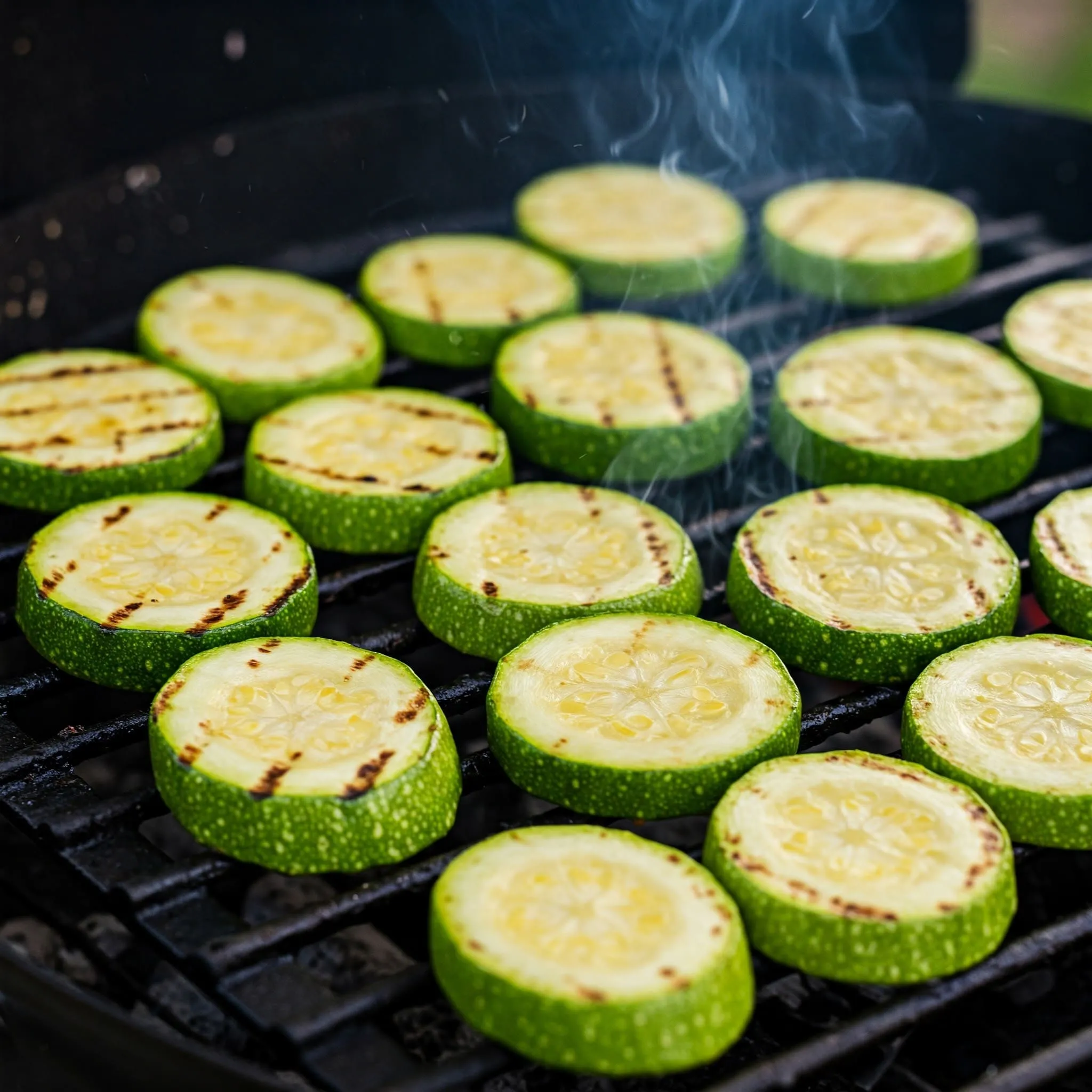 Grilled zucchini slices with golden grill marks on a BBQ grill.