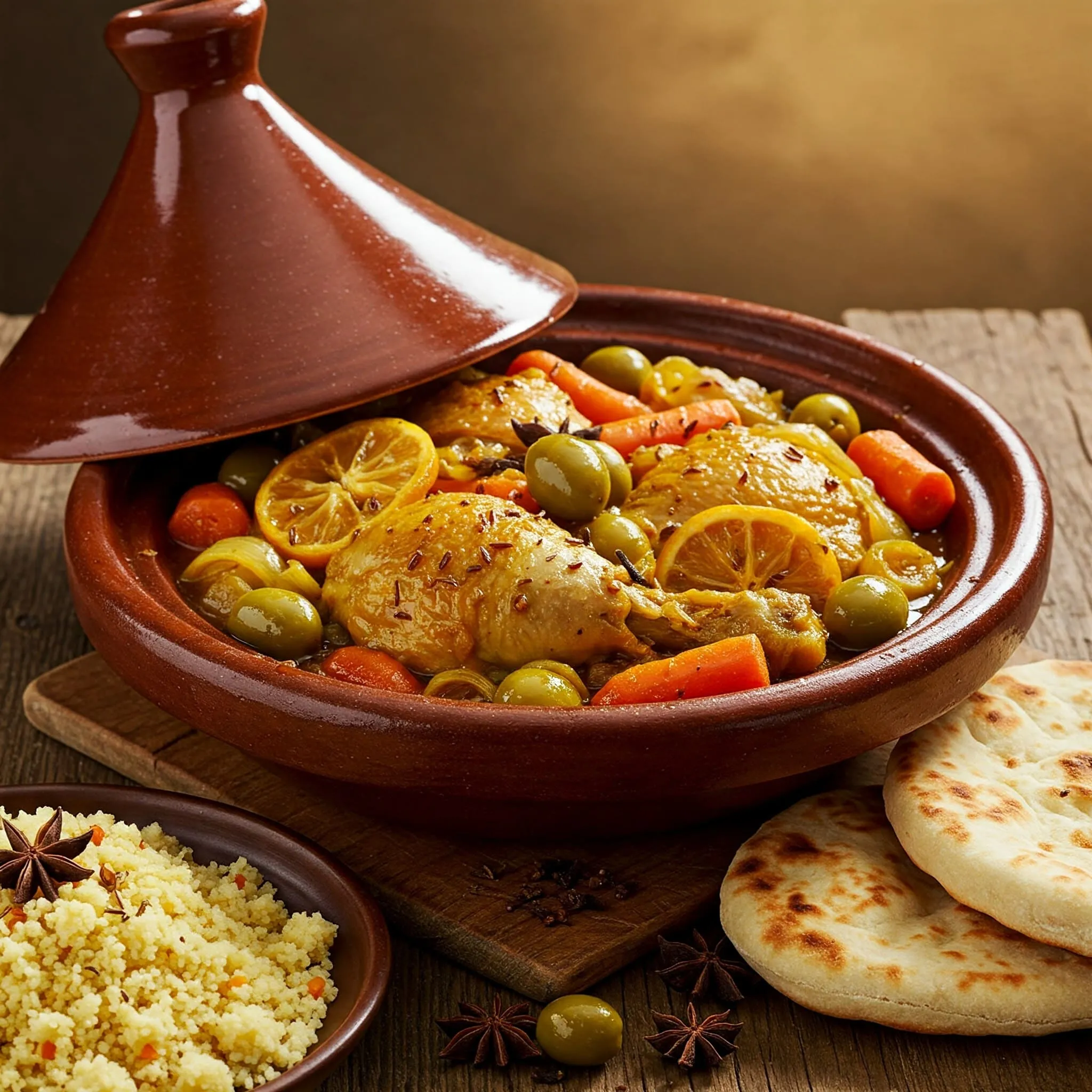 Chicken tagine served in a traditional Moroccan tagine pot with olives, preserved lemons, and couscous on the side.