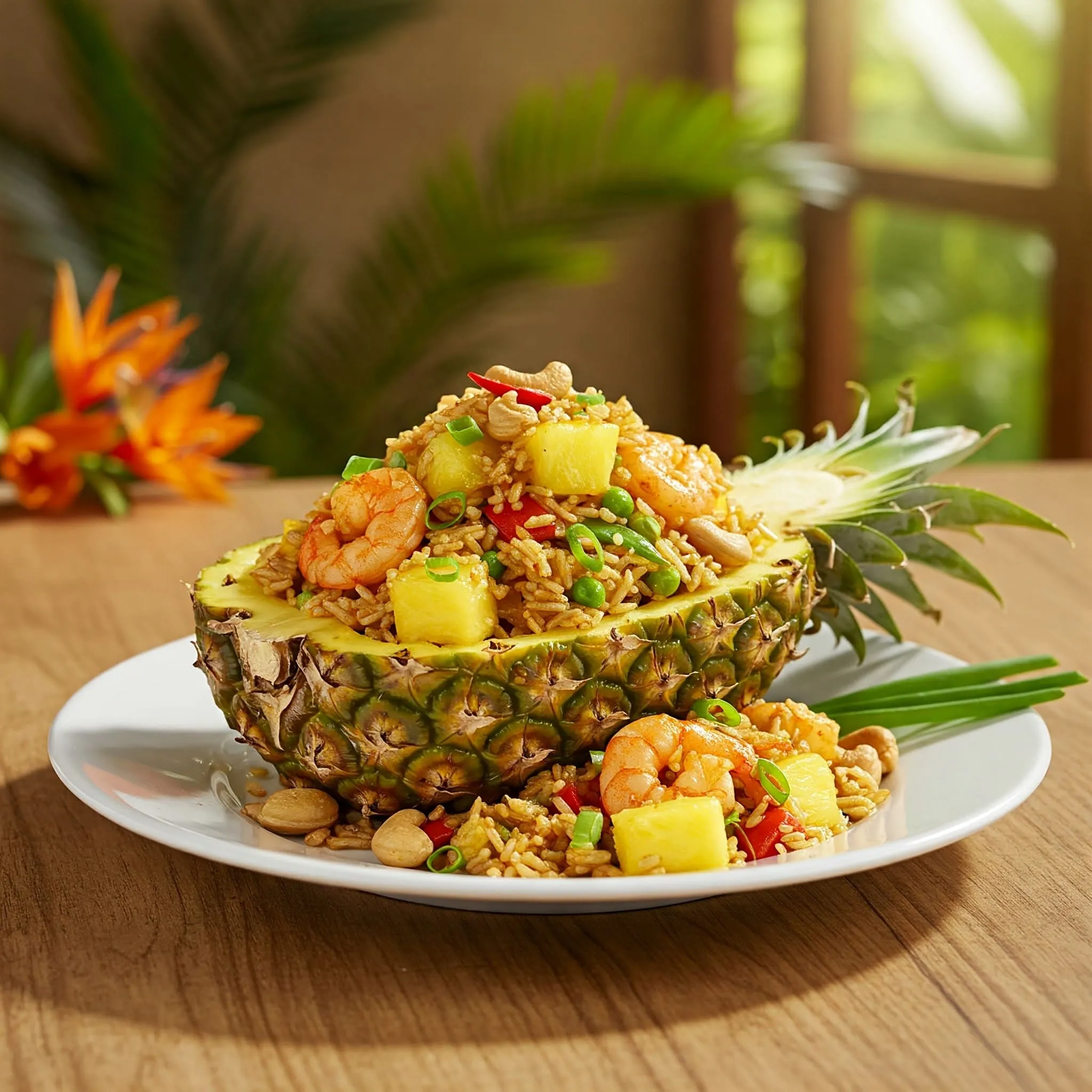 A vibrant pineapple fried rice served in a hollowed-out pineapple boat, garnished with shrimp, vegetables, cashews, and fresh green onions.