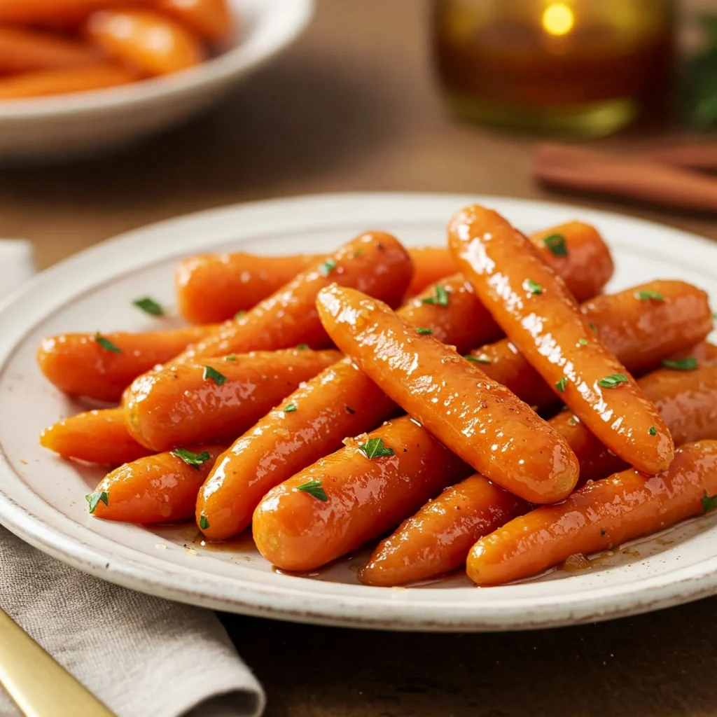 Maple glazed carrots with a golden syrup glaze, cinnamon, and fresh parsley garnish, served on a rustic white plate.