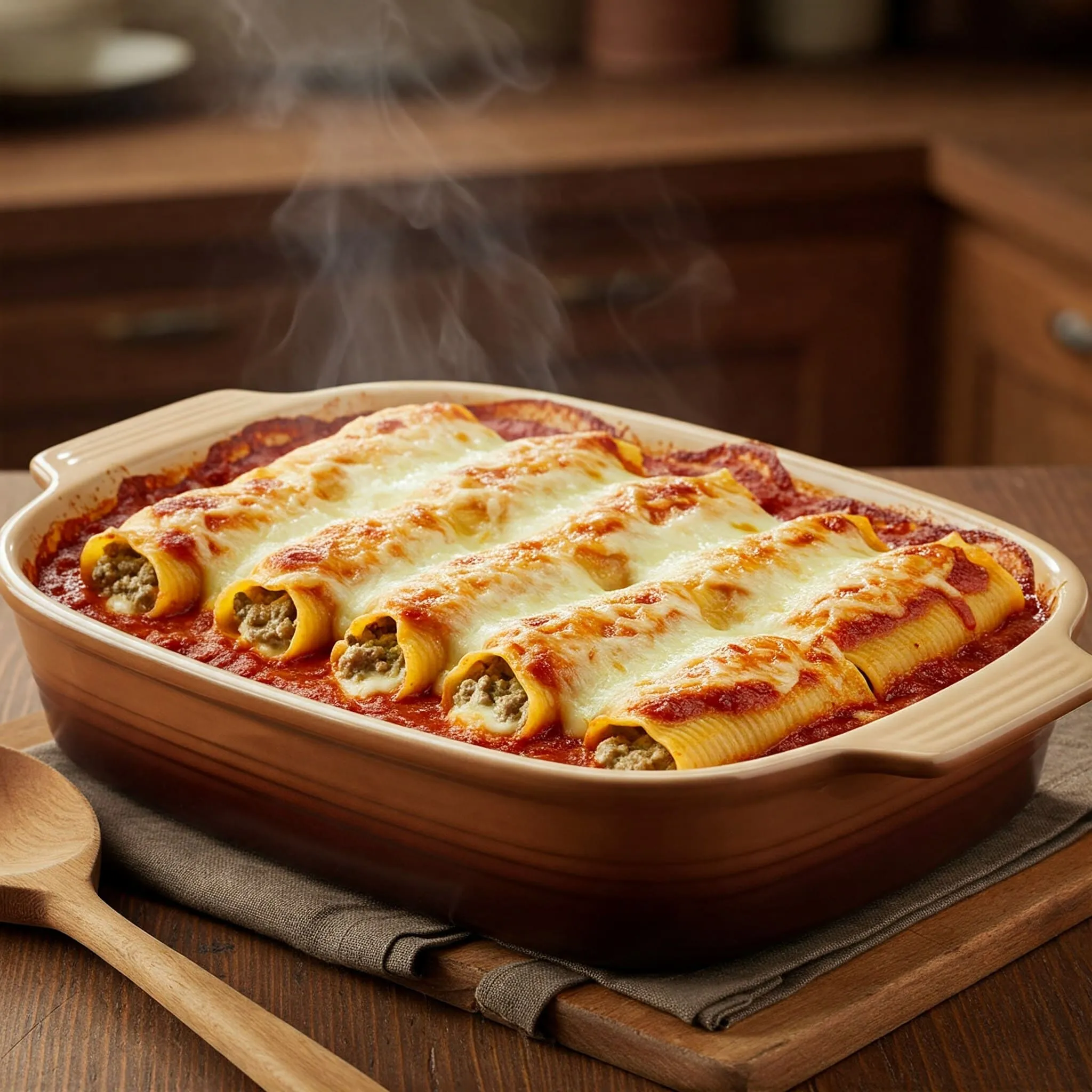 A freshly baked manicotti dish with golden-brown cheese and bubbly sauce, coming out of the oven.