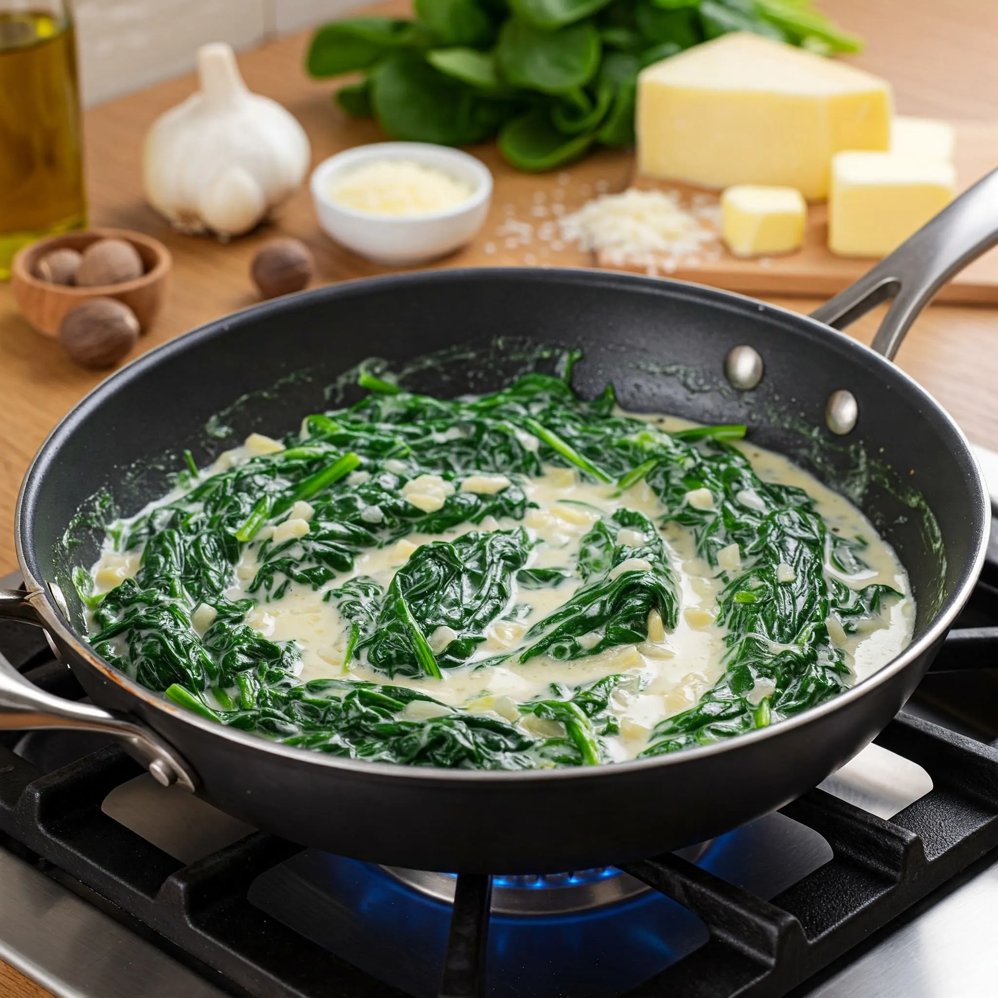 A skillet of homemade creamed spinach, sautéed with garlic and Parmesan, creating a creamy and flavorful dish.