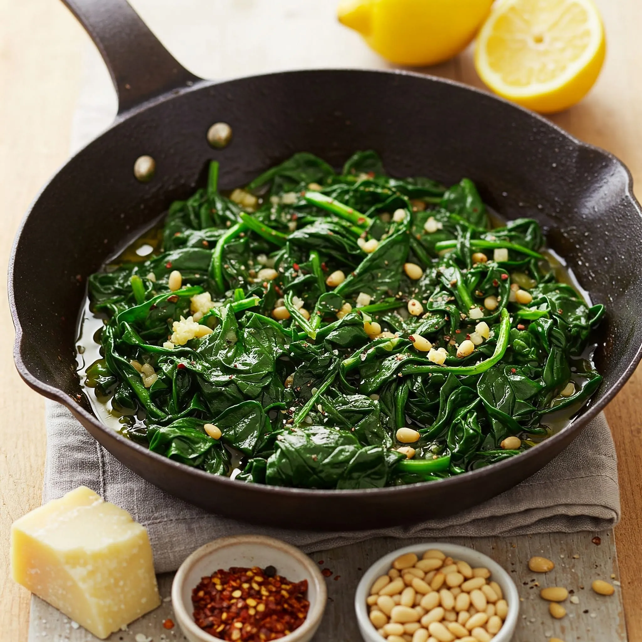 A rustic skillet filled with freshly sauteed spinach, garnished with garlic, black pepper, and optional ingredients like lemon, pine nuts, and Parmesan cheese.

