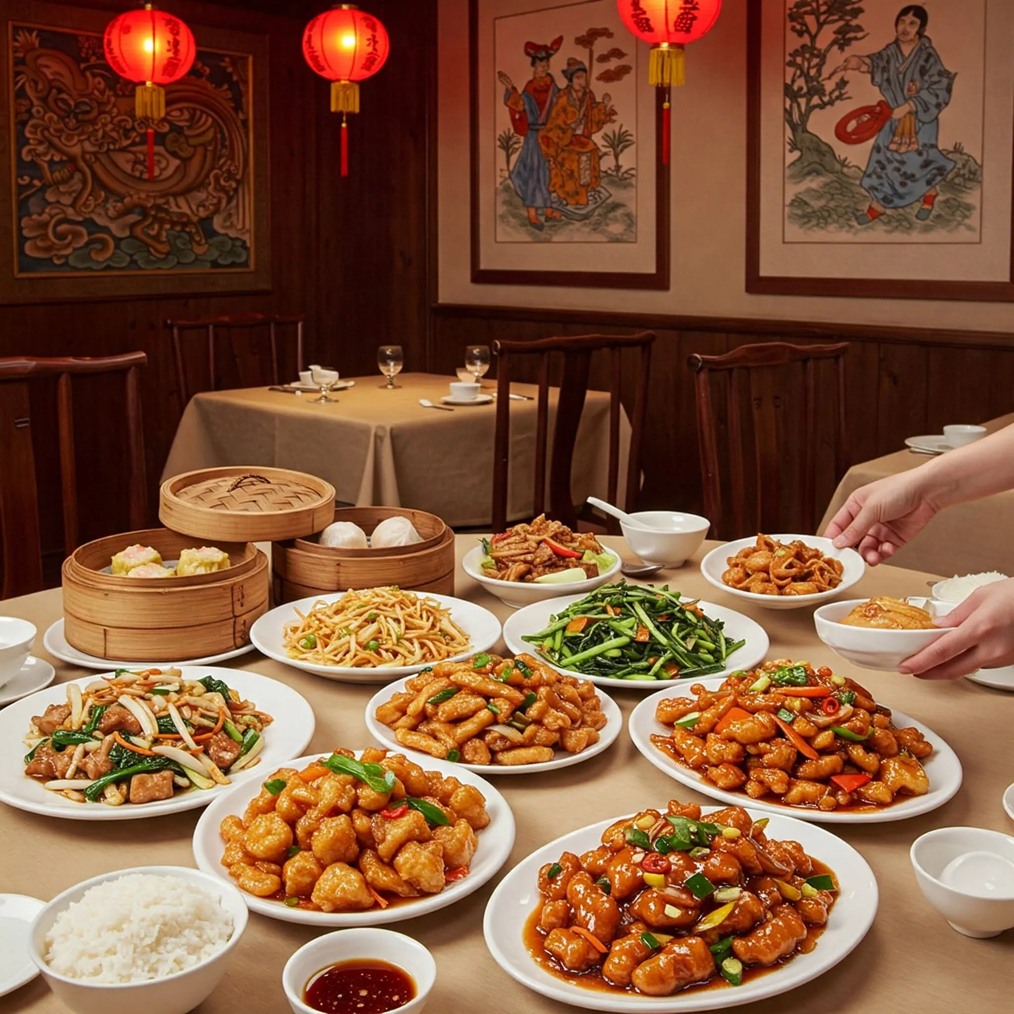 Authentic Chinese restaurant setting with traditional décor, dim sum, and a cozy atmosphere.