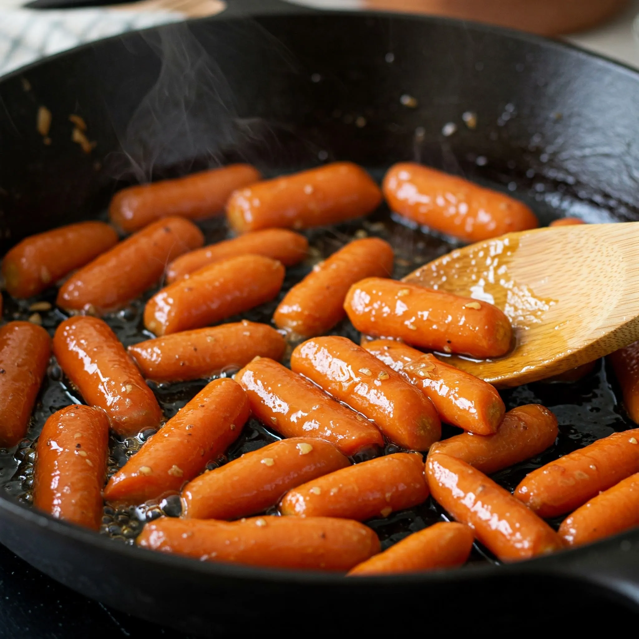  Sliced carrots cooking in a pan with a golden maple syrup glaze, bubbling and caramelizing.