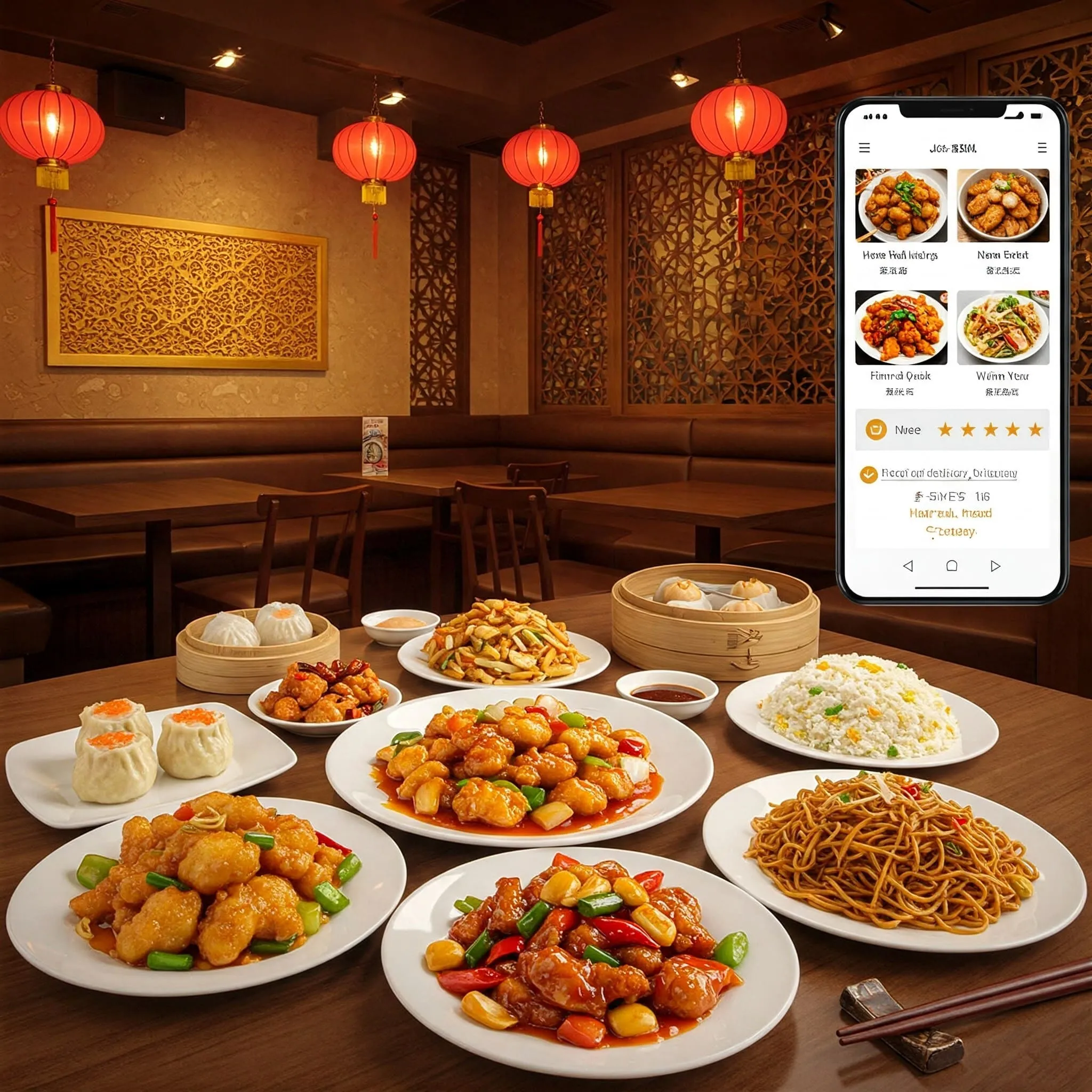 chinese food near me A variety of classic Chinese dishes like dim sum, sweet and sour chicken, Kung Pao chicken, fried rice, and chow mein served on a wooden table in a cozy Chinese restaurant.