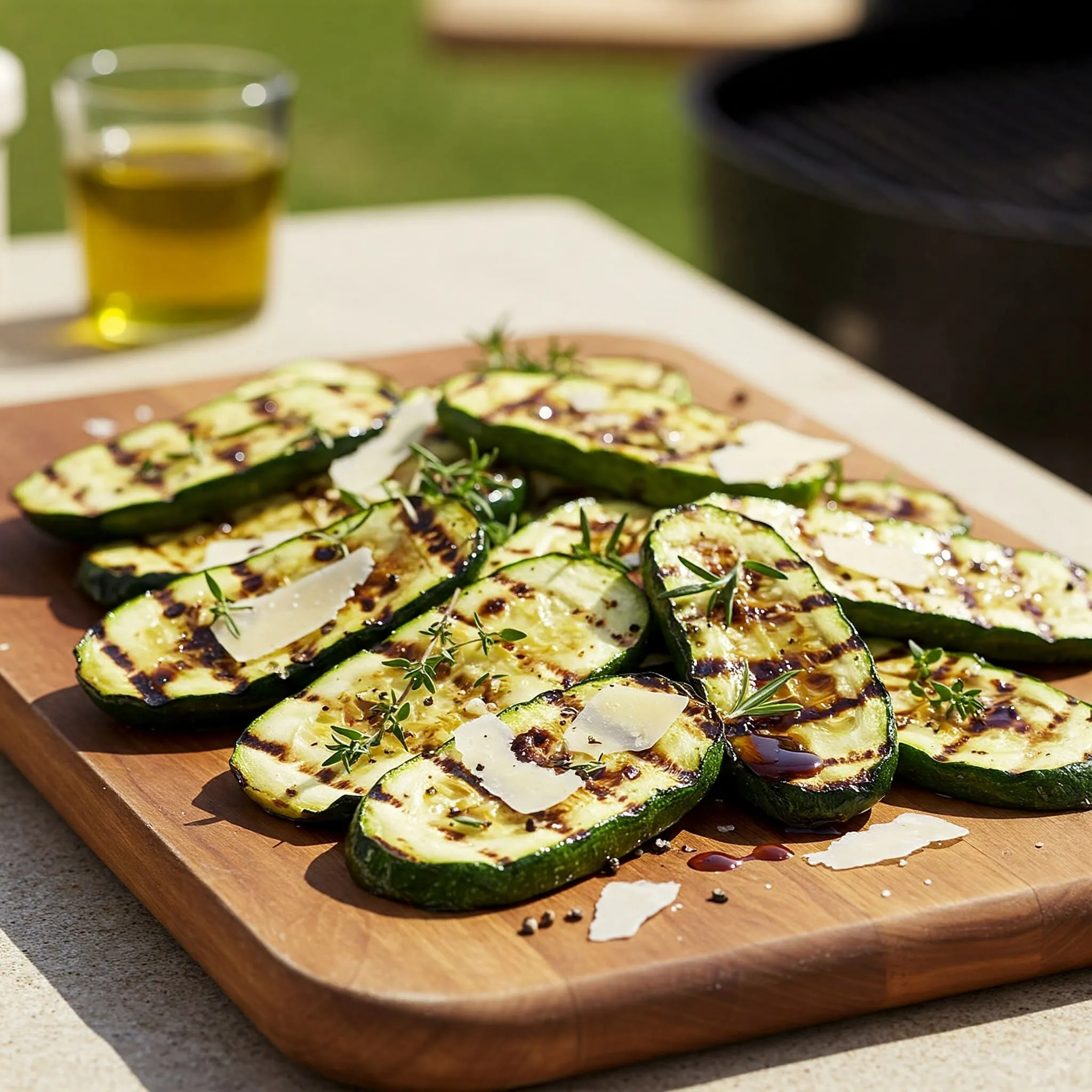  Grilled zucchini slices seasoned with olive oil, salt, and pepper, garnished with fresh herbs and grated parmesan, served on a wooden platter.