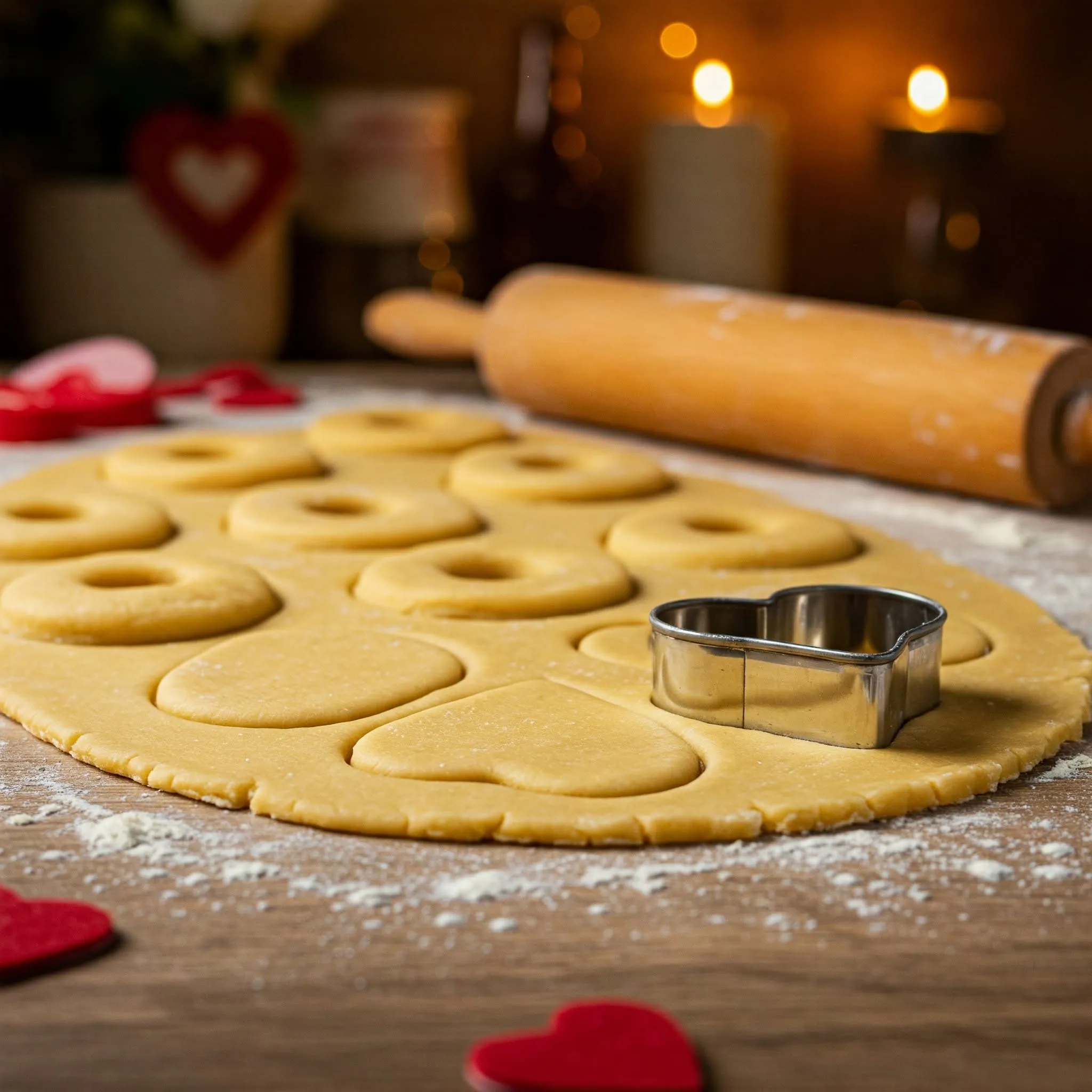 Heart-shaped donut dough cutouts on a floured surface, ready for frying.