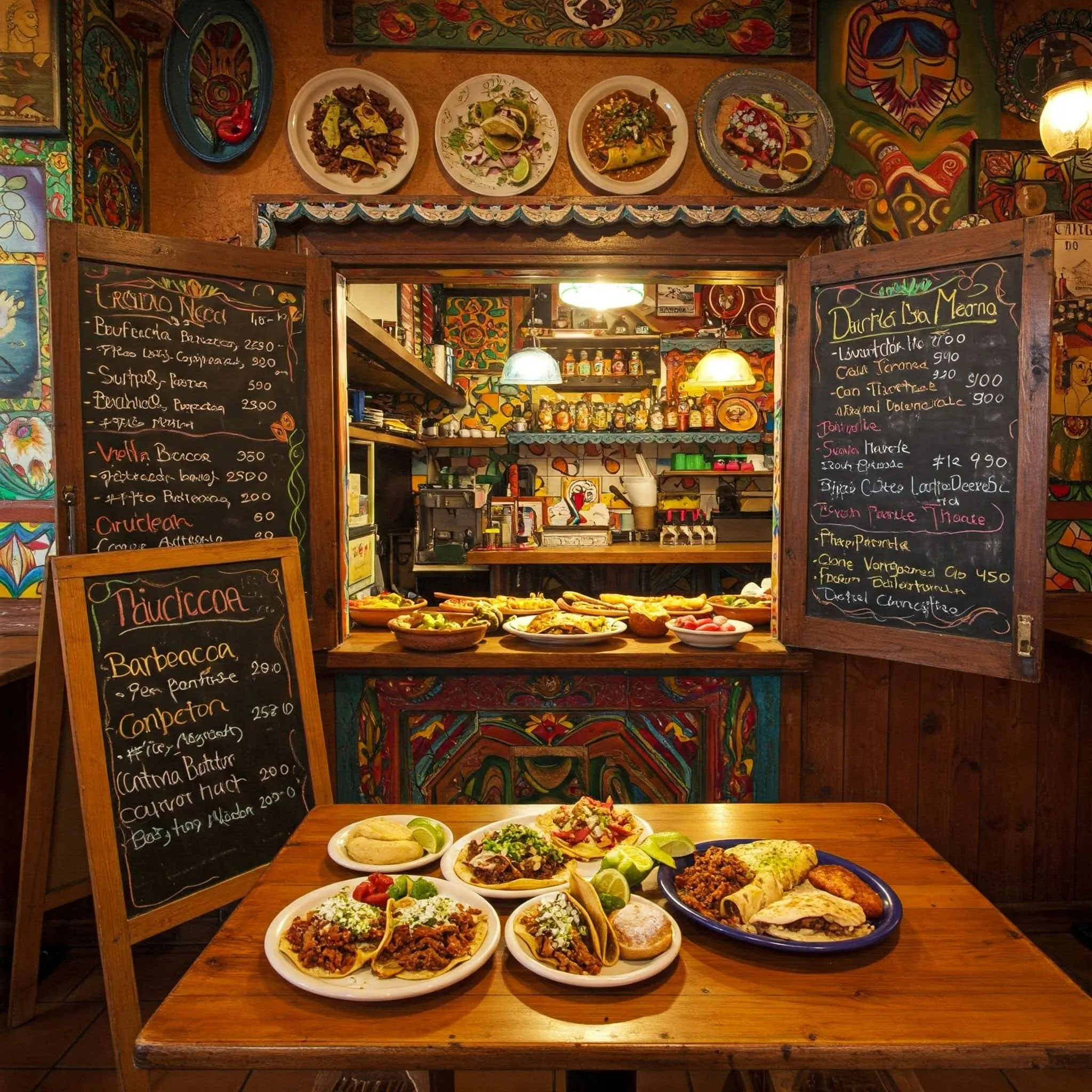 Authentic Mexican taqueria with traditional dishes like barbacoa, carnitas, enchiladas, and tamales on a rustic wooden table, surrounded by colorful Mexican décor.