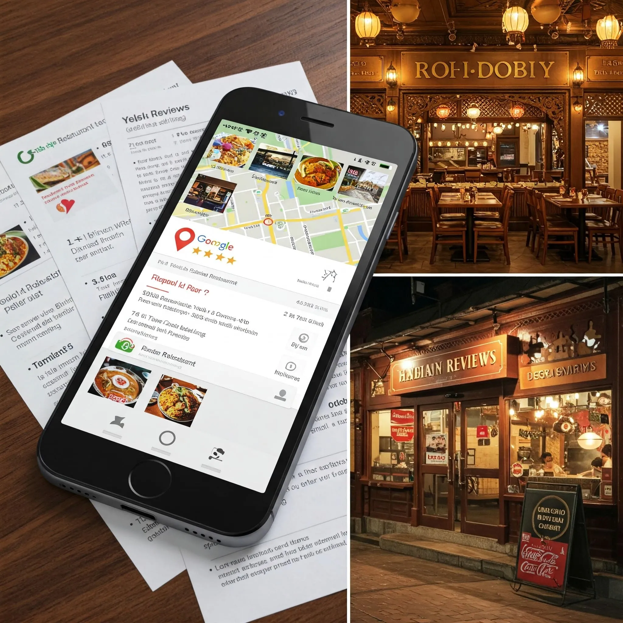 A smartphone displaying Google Maps search results for “Indian food restaurant near me,” surrounded by restaurant reviews and a cozy Indian restaurant in the background.