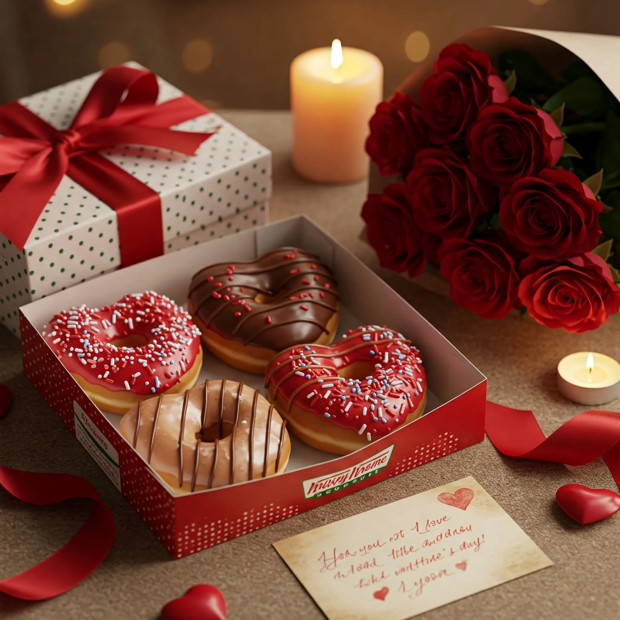 A beautifully arranged Valentine’s Day gift set featuring a box of heart-shaped Krispy Kreme donuts, a bouquet of red roses, and a handwritten love note.