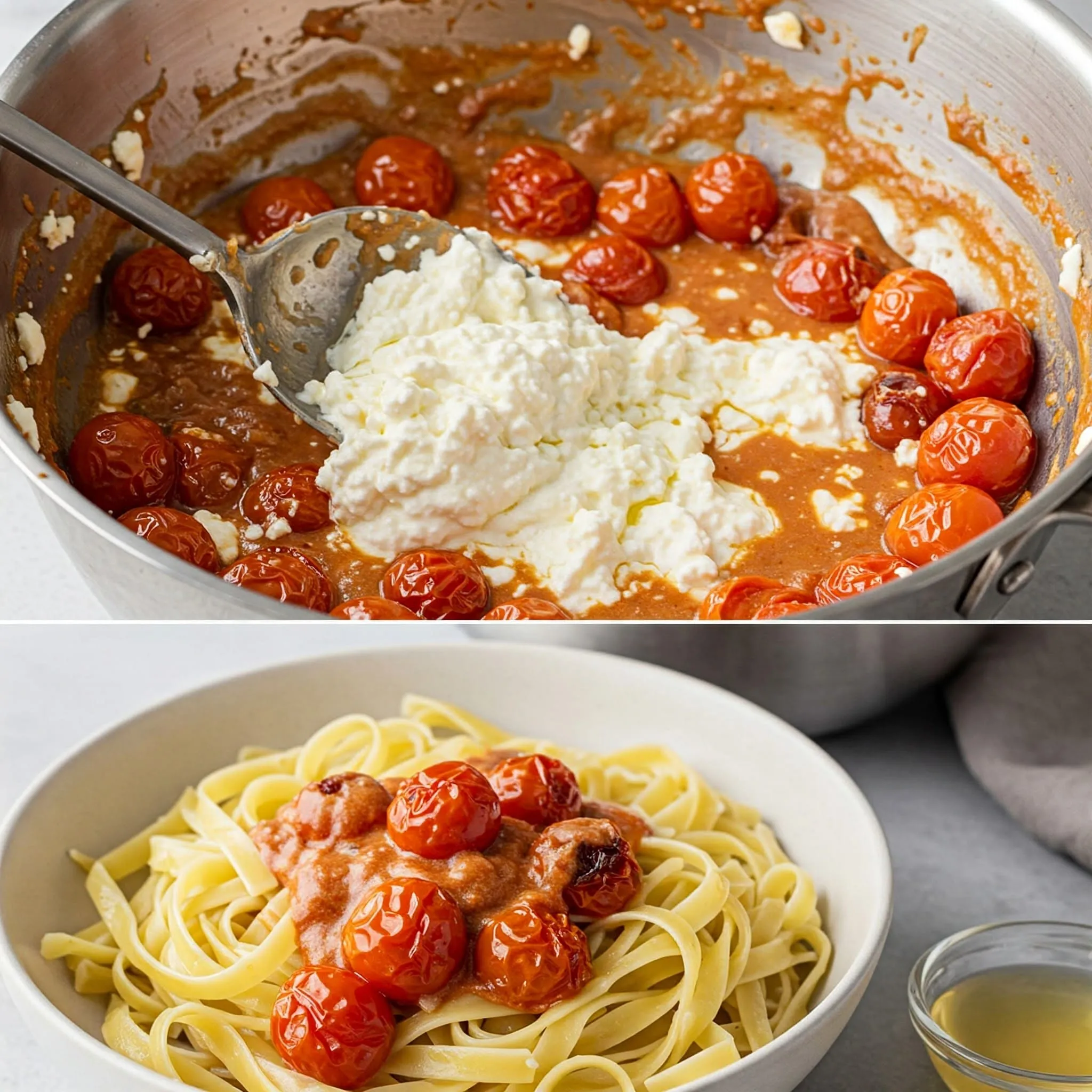 Stirring creamy feta and tomato sauce with pasta, showcasing a rich and velvety texture.