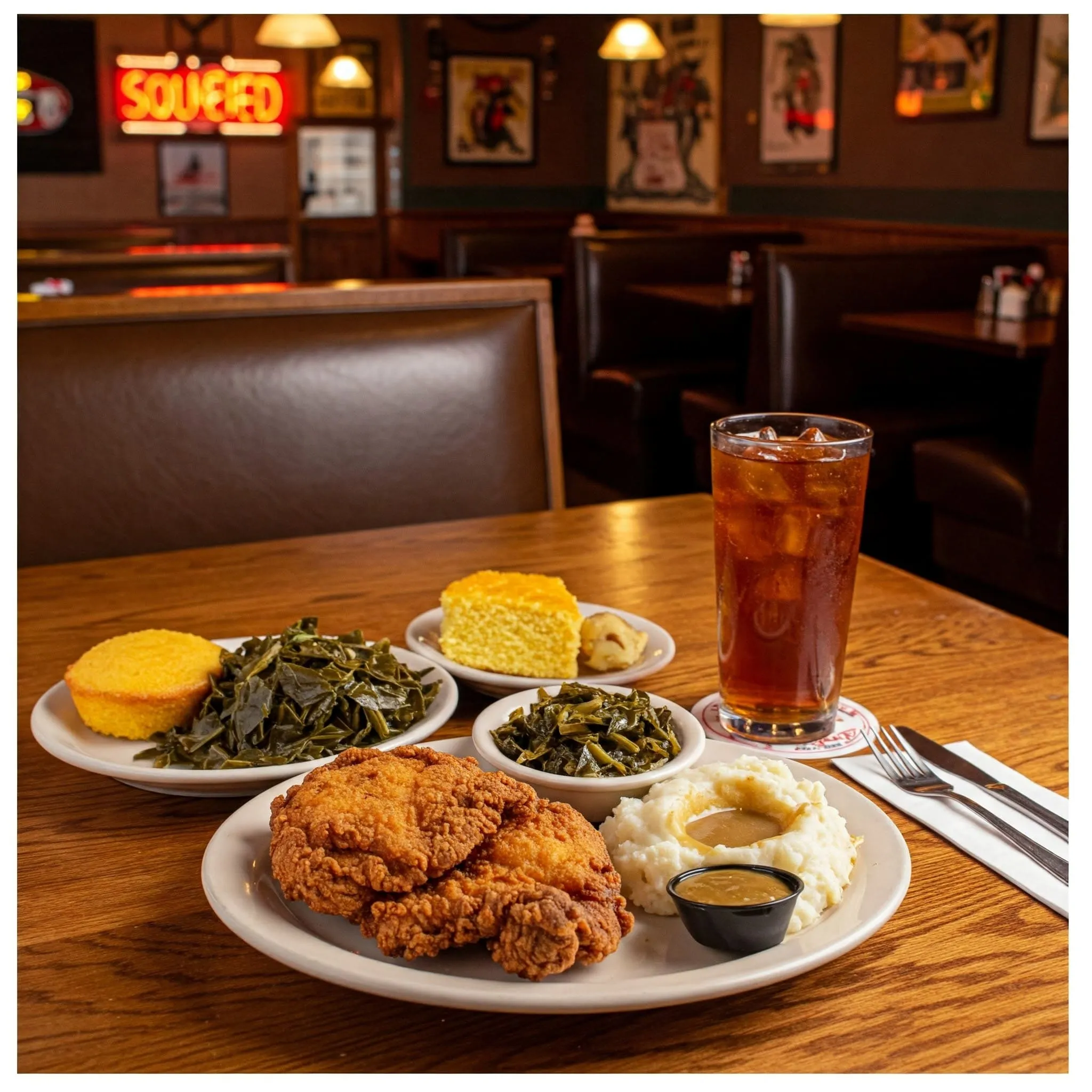 A cozy Southern soul food restaurant table set with classic comfort dishes like fried chicken, collard greens, cornbread, and mashed potatoes.