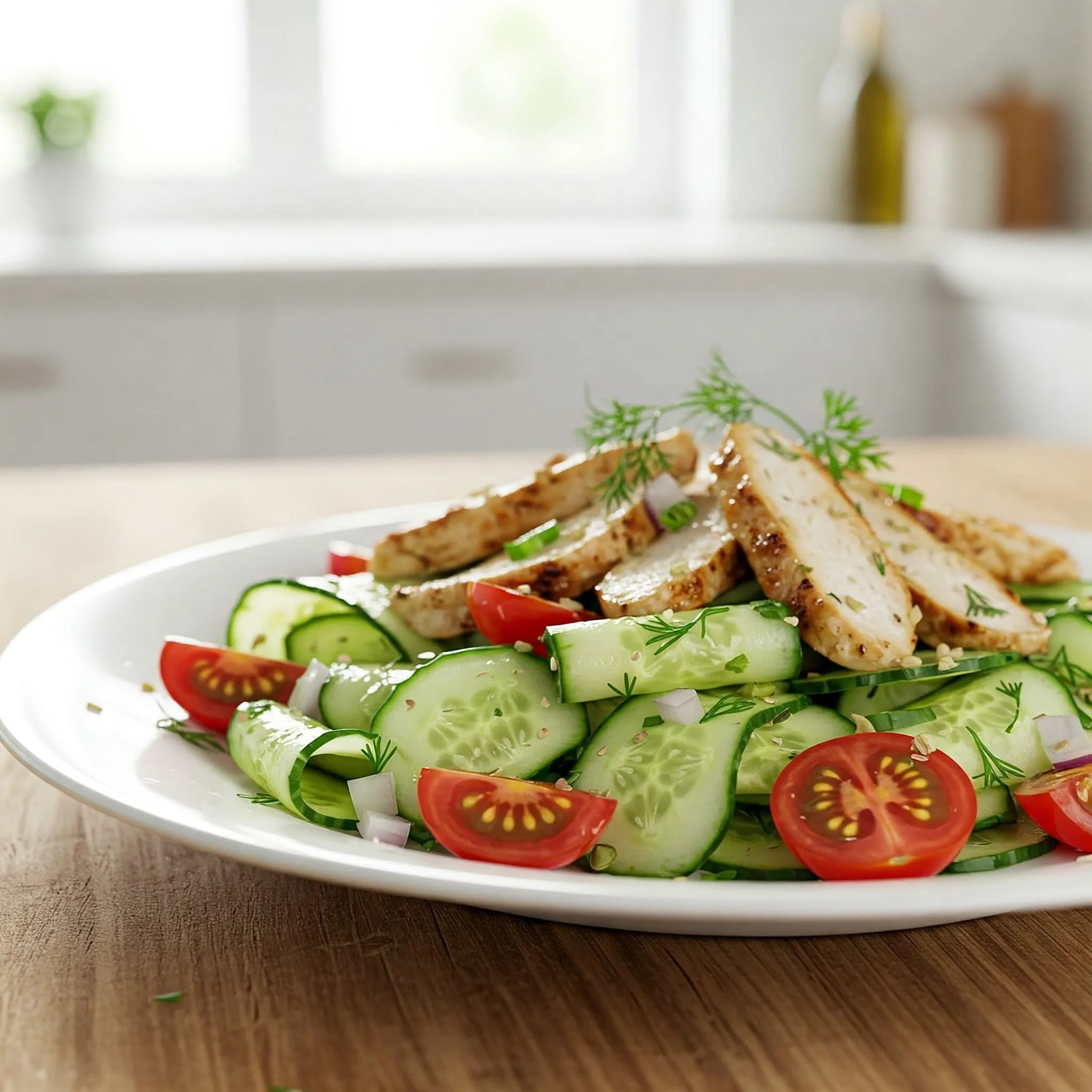 A fresh and vibrant cucumber salad with thinly sliced cucumbers, cherry tomatoes, red onions, and herbs, topped with grilled chicken and a light olive oil dressing.