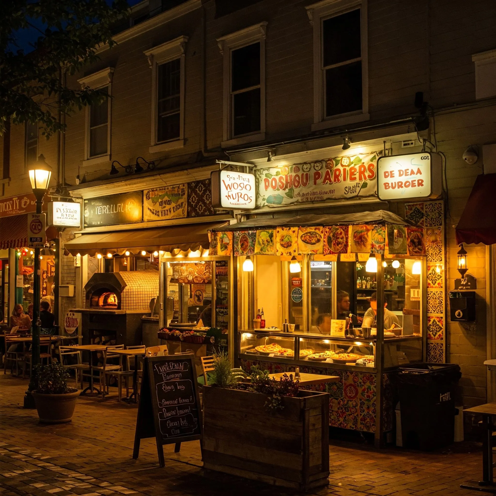 Diverse Local Restaurants Offering Italian, Mexican, Asian, and Vegan Cuisines(1)_11zon A lively street scene showcasing diverse local restaurants offering Italian, Mexican, Asian, and vegan cuisines with outdoor seating and a cozy atmosphere.