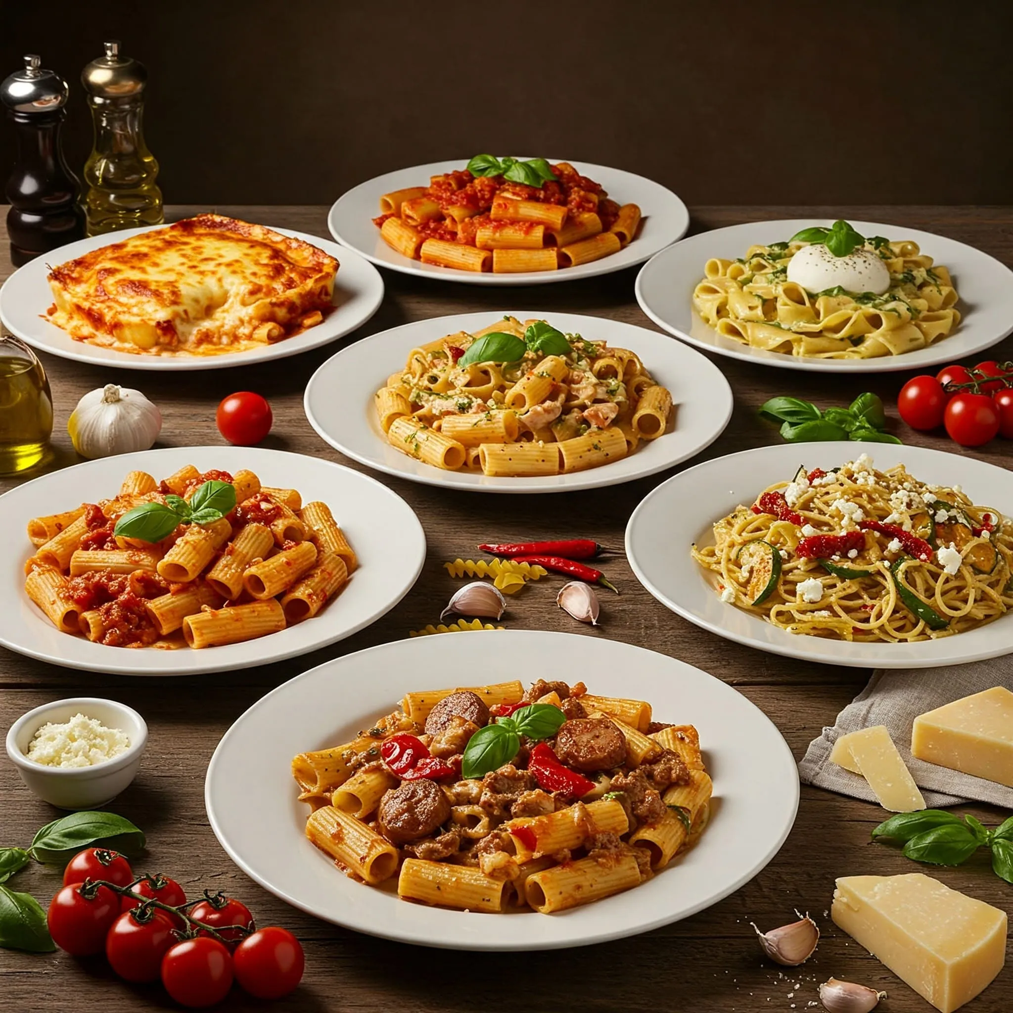 8 Delicious Rigatoni Recipes Perfect for Weeknight Meals A variety of rigatoni dishes displayed on a rustic wooden table, including baked, creamy Alfredo, spicy Arrabbiata, and roasted vegetable versions.