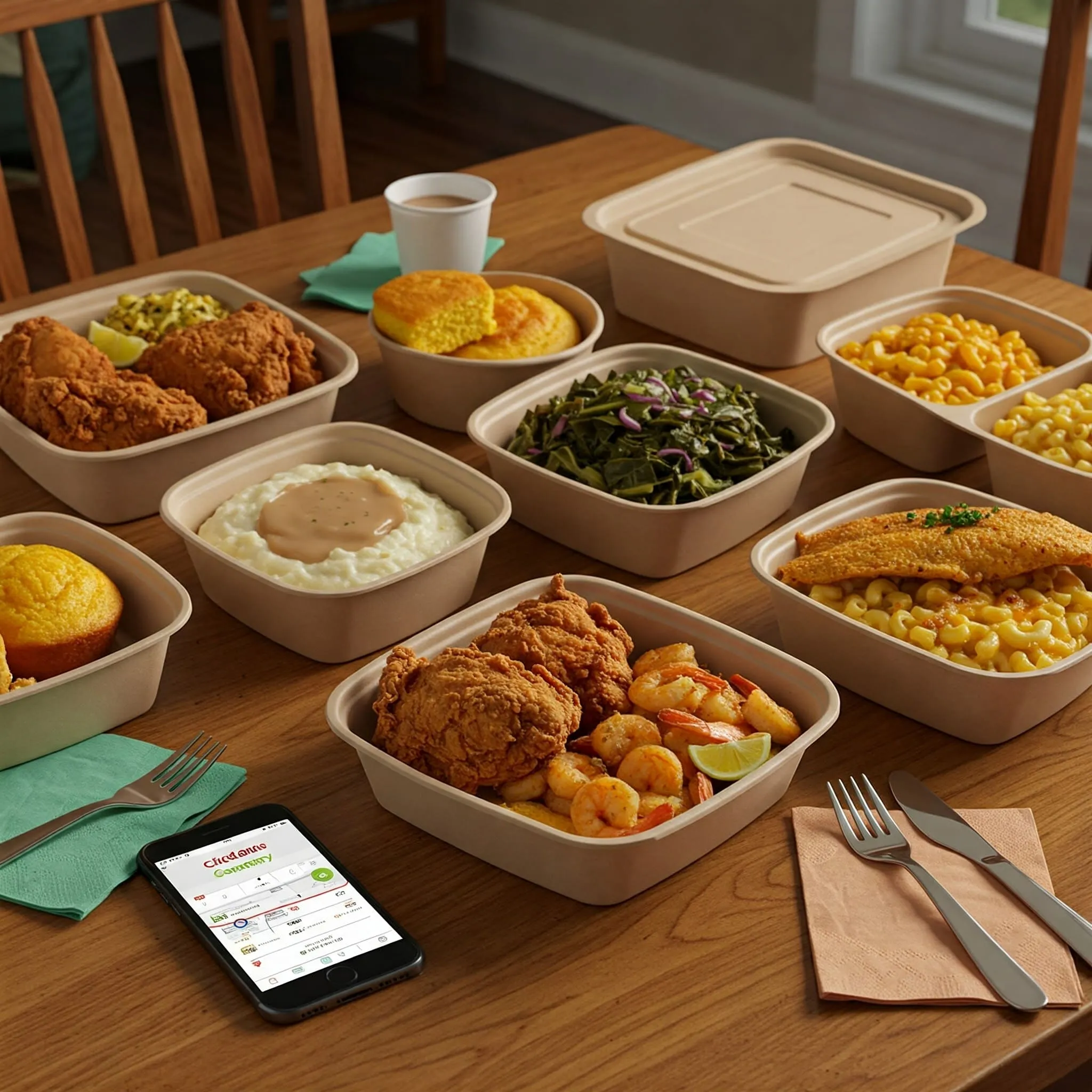 Southern comfort food delivery spread with fried chicken, cornbread, shrimp and grits, collard greens, and mac and cheese on a table with a phone showing a food delivery app.