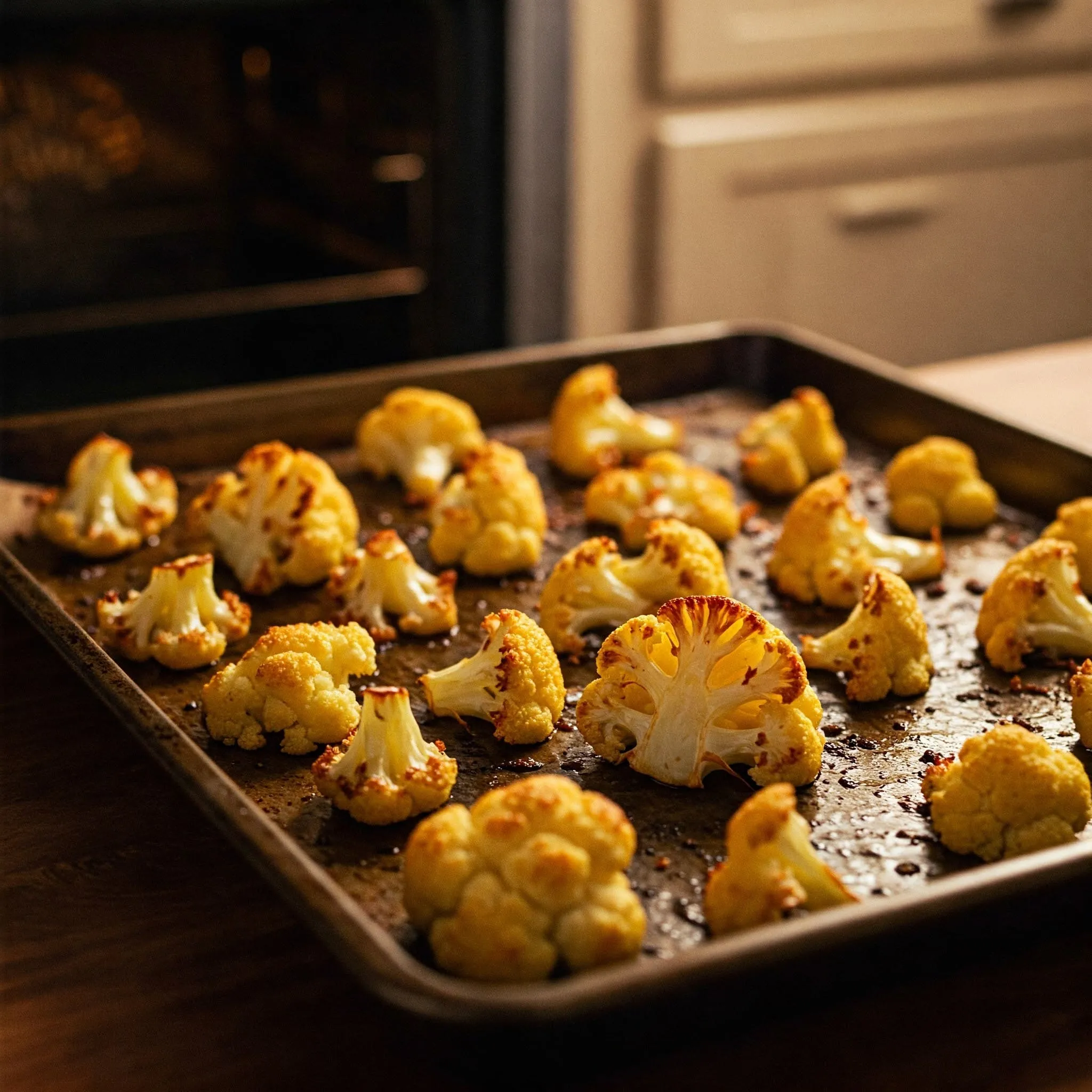 Golden-brown roasted cauliflower florets on a baking sheet, crispy at the edges, ready to serve.nn