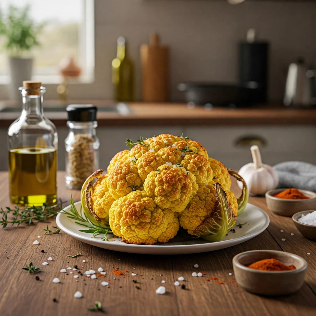 Roasted cauliflower with crispy edges and fresh herbs on a rustic wooden table, showcasing a healthy, beginner-friendly dish.