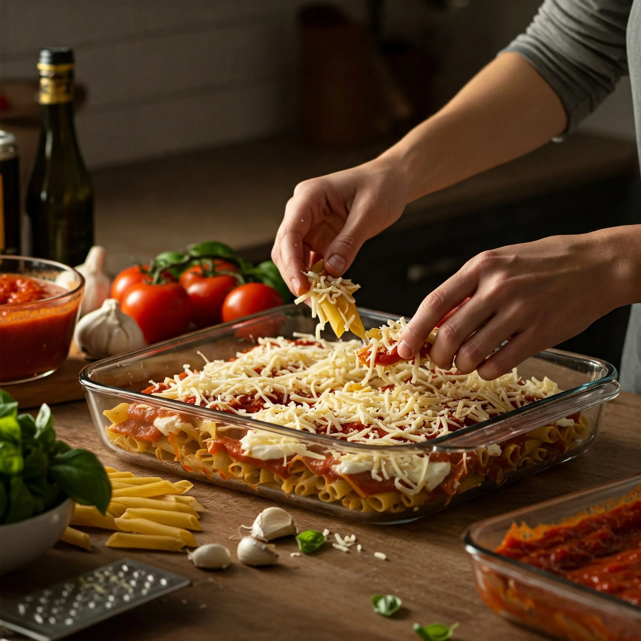 Assembling baked ziti with layers of pasta, cheese, and marinara sauce in a baking dish