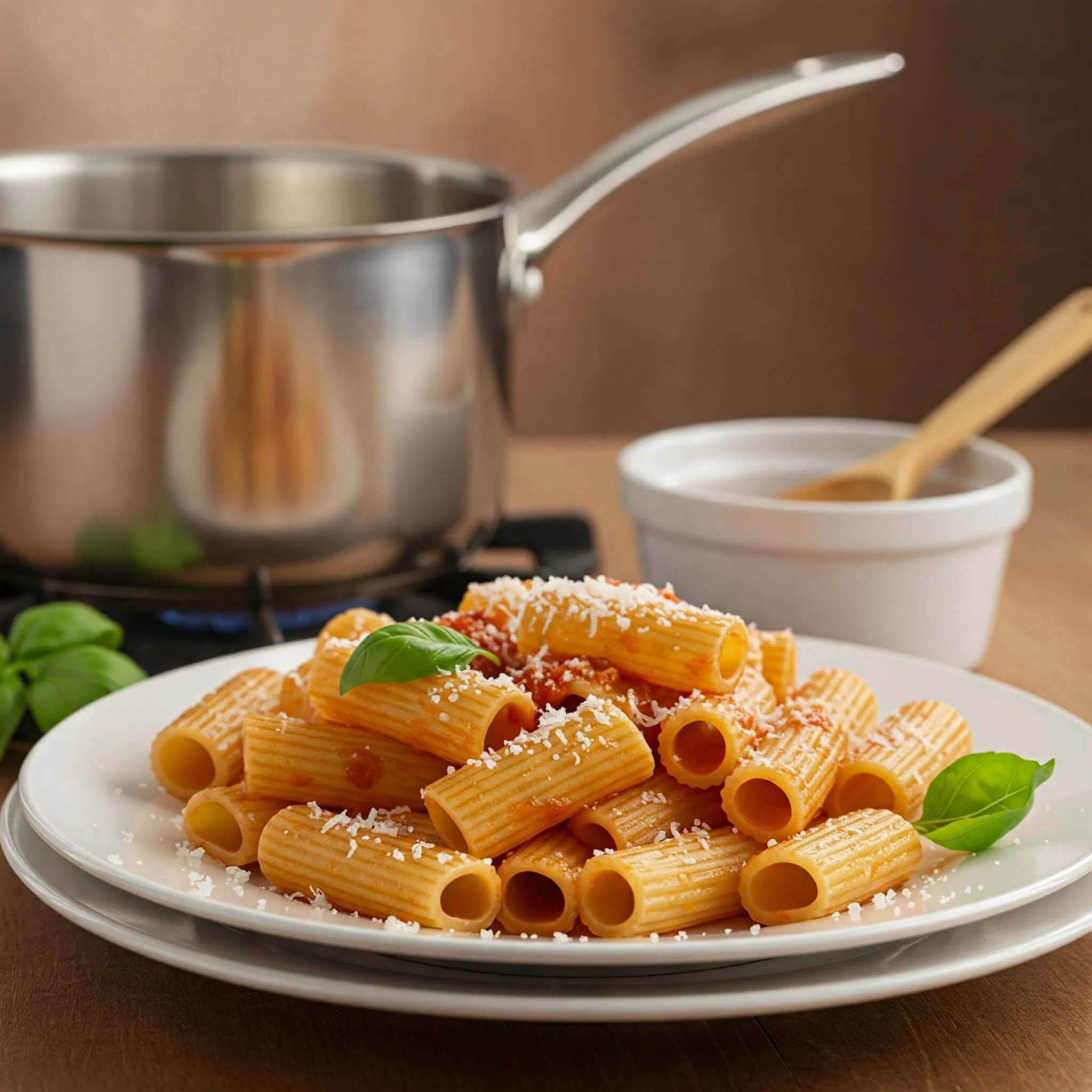 Perfectly Cooked Rigatoni with Tomato Sauce and Parmesan A close-up of perfectly cooked rigatoni pasta with tomato sauce, garnished with Parmesan cheese and fresh basil leaves, in a rustic kitchen setting.
