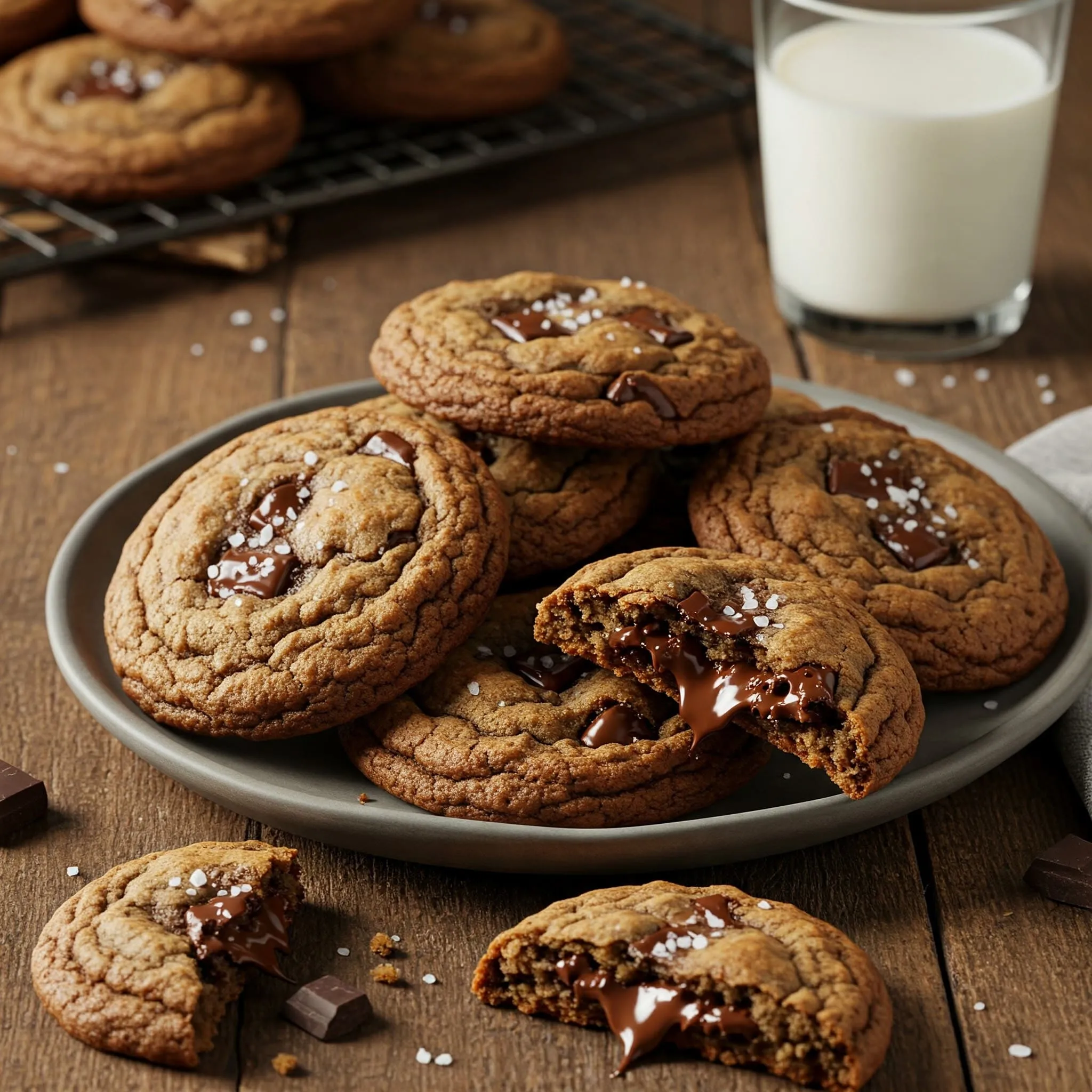 A plate of freshly baked chocolate chip cookies with gooey melted chocolate, placed on a rustic wooden table next to a glass of milk.