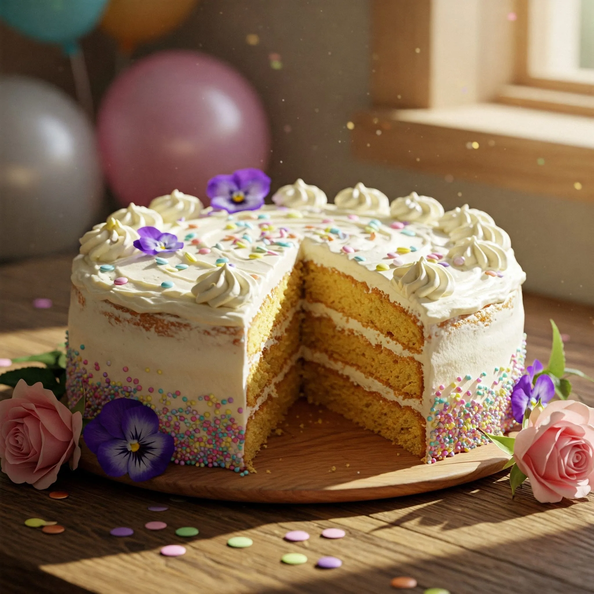 Vanilla birthday cake with pastel-colored sprinkles, fresh flowers, and soft buttercream frosting, set in a festive atmosphere.