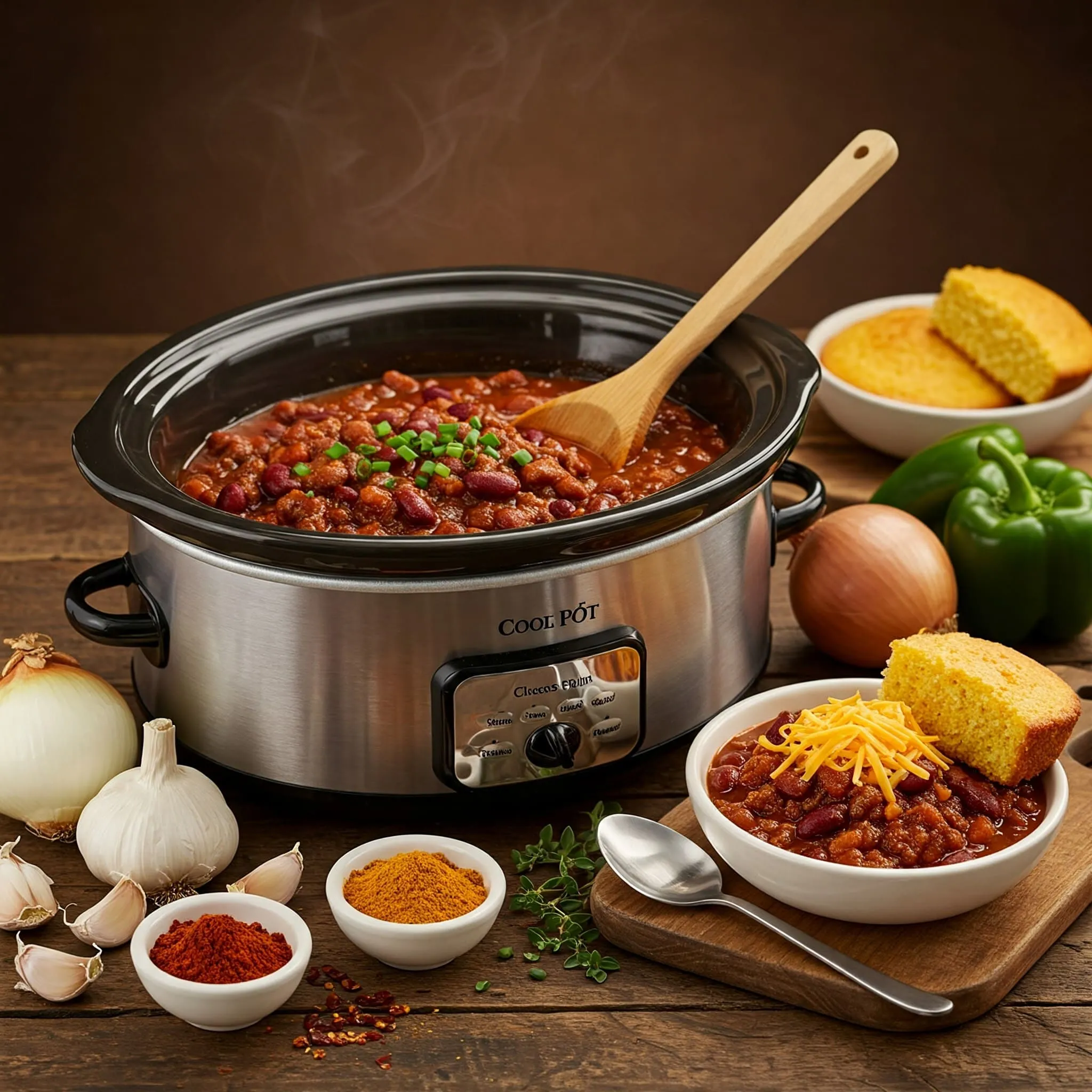 A Crock Pot slow cooker filled with rich, hearty chili, surrounded by fresh ingredients like onions, garlic, bell peppers, and spices.