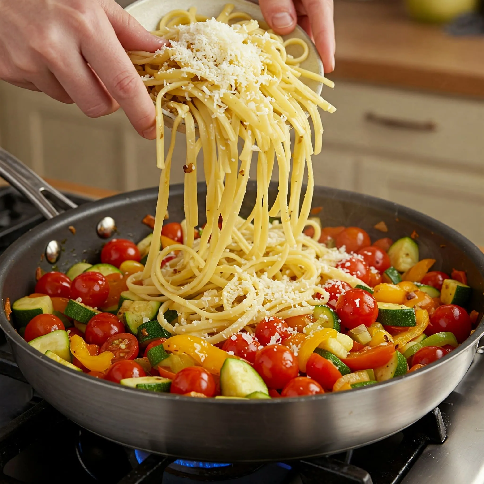 A large pan with sautéed vegetables and pasta being tossed together, topped with Parmesan or vegan cheese.