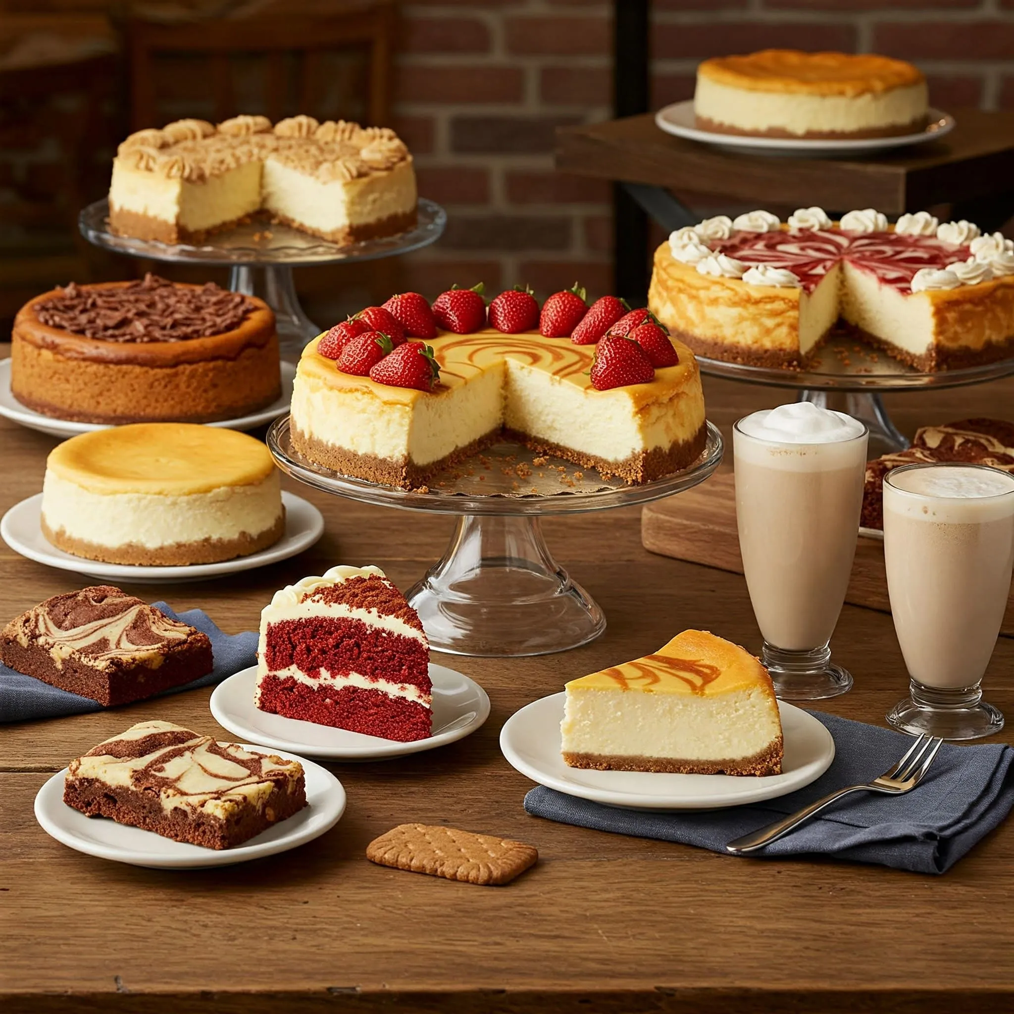 A variety of Junior’s Bakery desserts, including a classic New York-style cheesecake, chocolate swirl cheesecake, cheesecake brownies, red velvet cake, and a milkshake, all beautifully arranged on a wooden table.