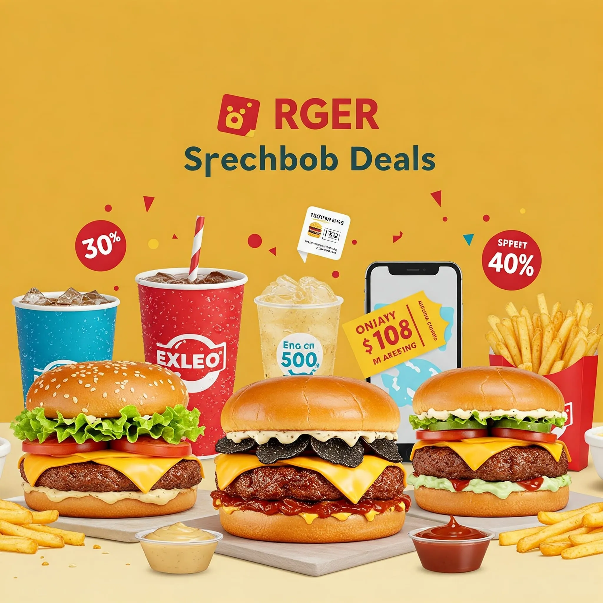 A variety of delicious burgers, including a classic cheeseburger, a gourmet Wagyu burger, and a plant-based option, surrounded by fries, drinks, and symbols representing discounts and combo deals.

